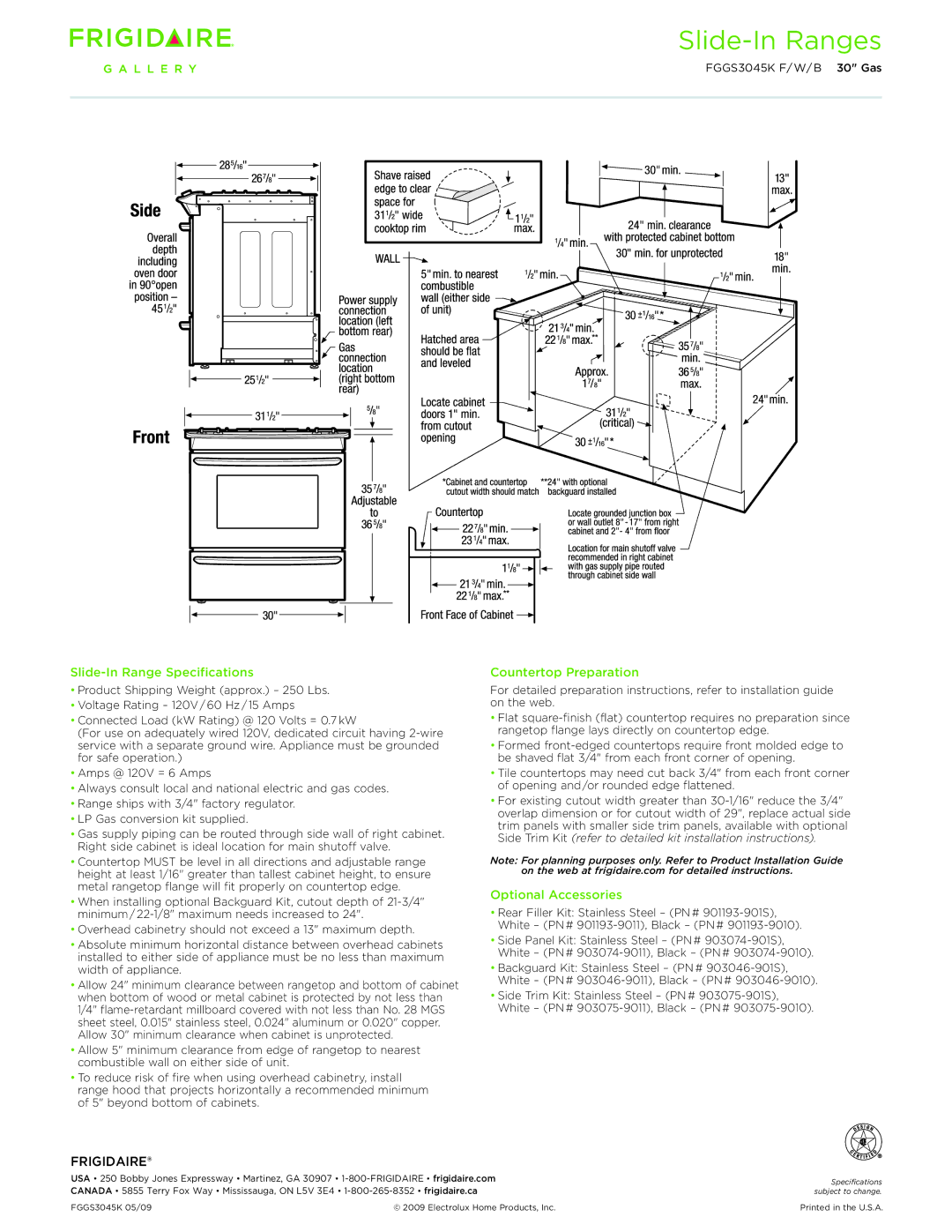 Frigidaire FGGS3045K dimensions Slide-In Range Specifications, Countertop Preparation, Optional Accessories 