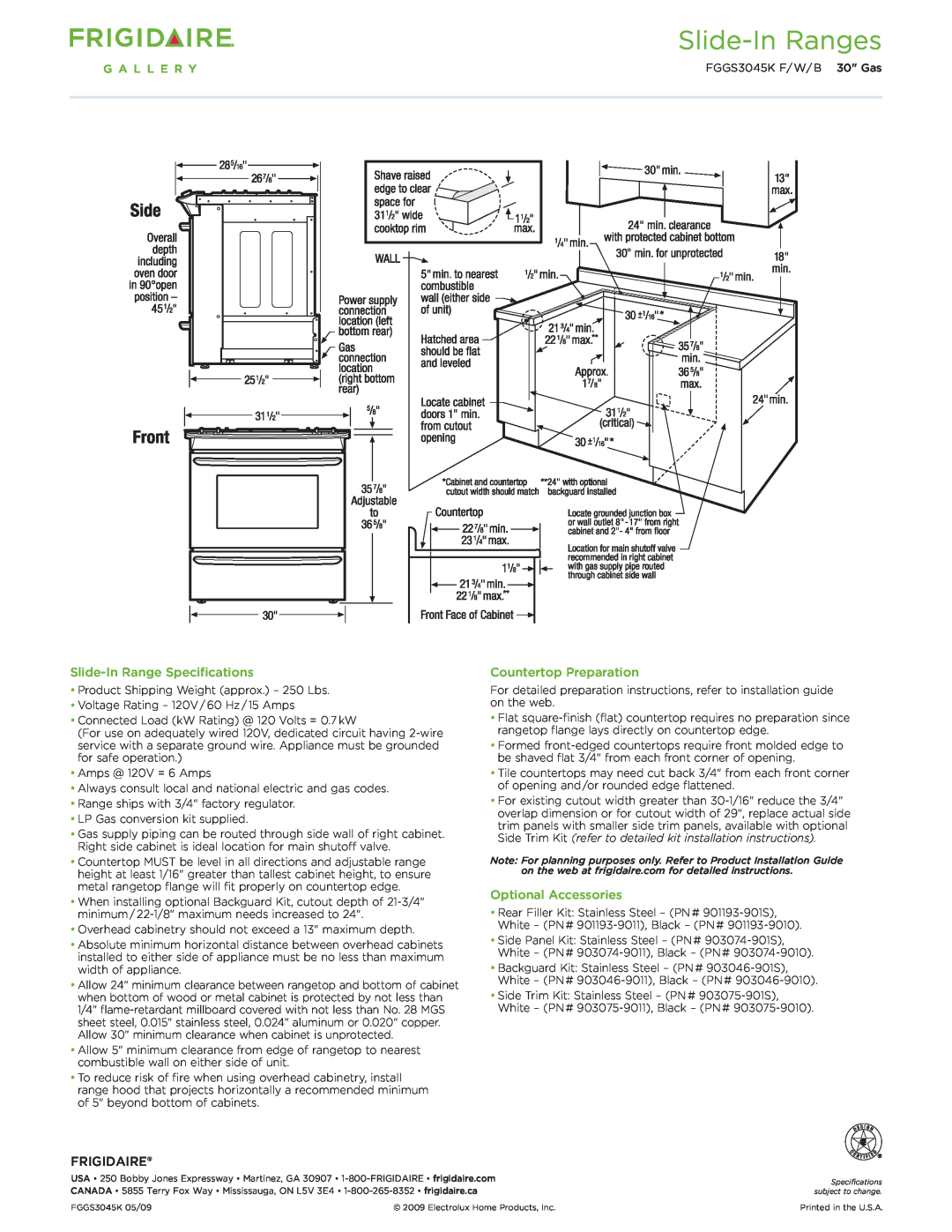 Frigidaire FGGS3045K dimensions Slide-InRange Specifications, Countertop Preparation, Frigidaire, Optional Accessories 