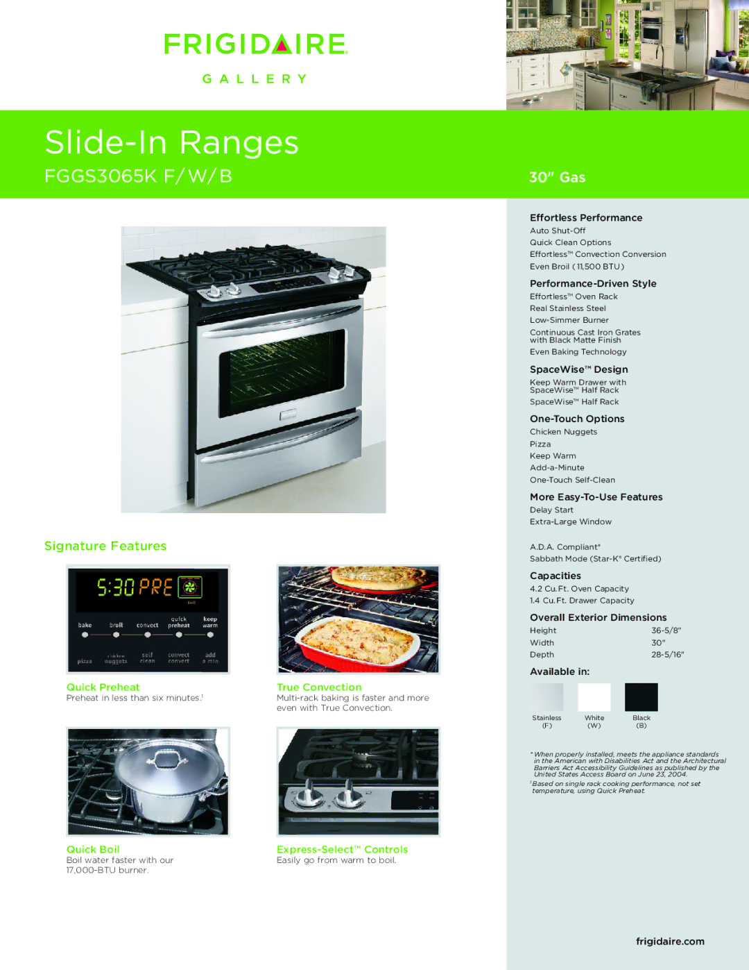 Frigidaire FGGS3065K F, FGGS3065K B dimensions Quick Preheat True Convection, Quick Boil Express-Select Controls 