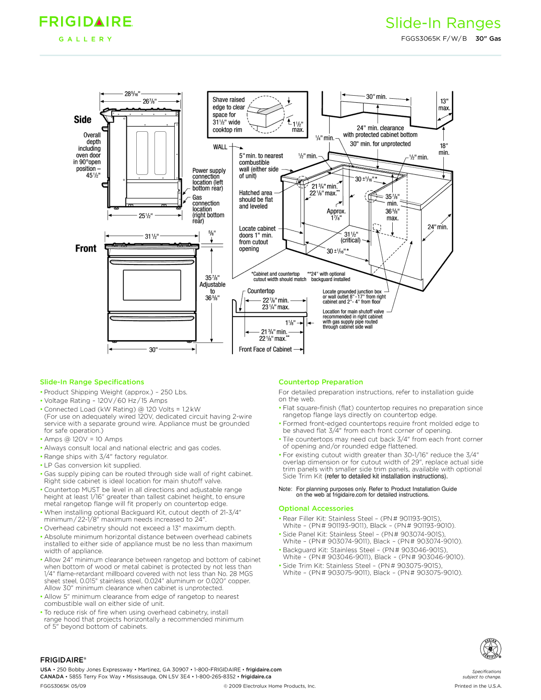 Frigidaire FGGS3065K B, FGGS3065K F dimensions Slide-In Range Specifications, Countertop Preparation, Optional Accessories 