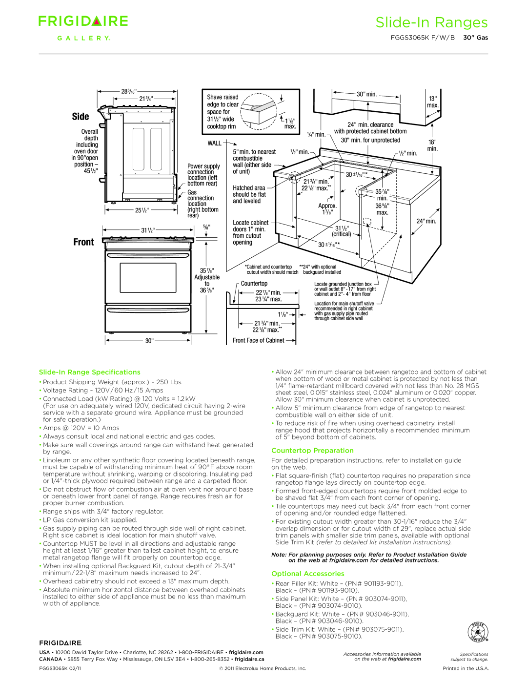 Frigidaire FGGS3065K dimensions Slide-In Range Specifications, Countertop Preparation, Optional Accessories 