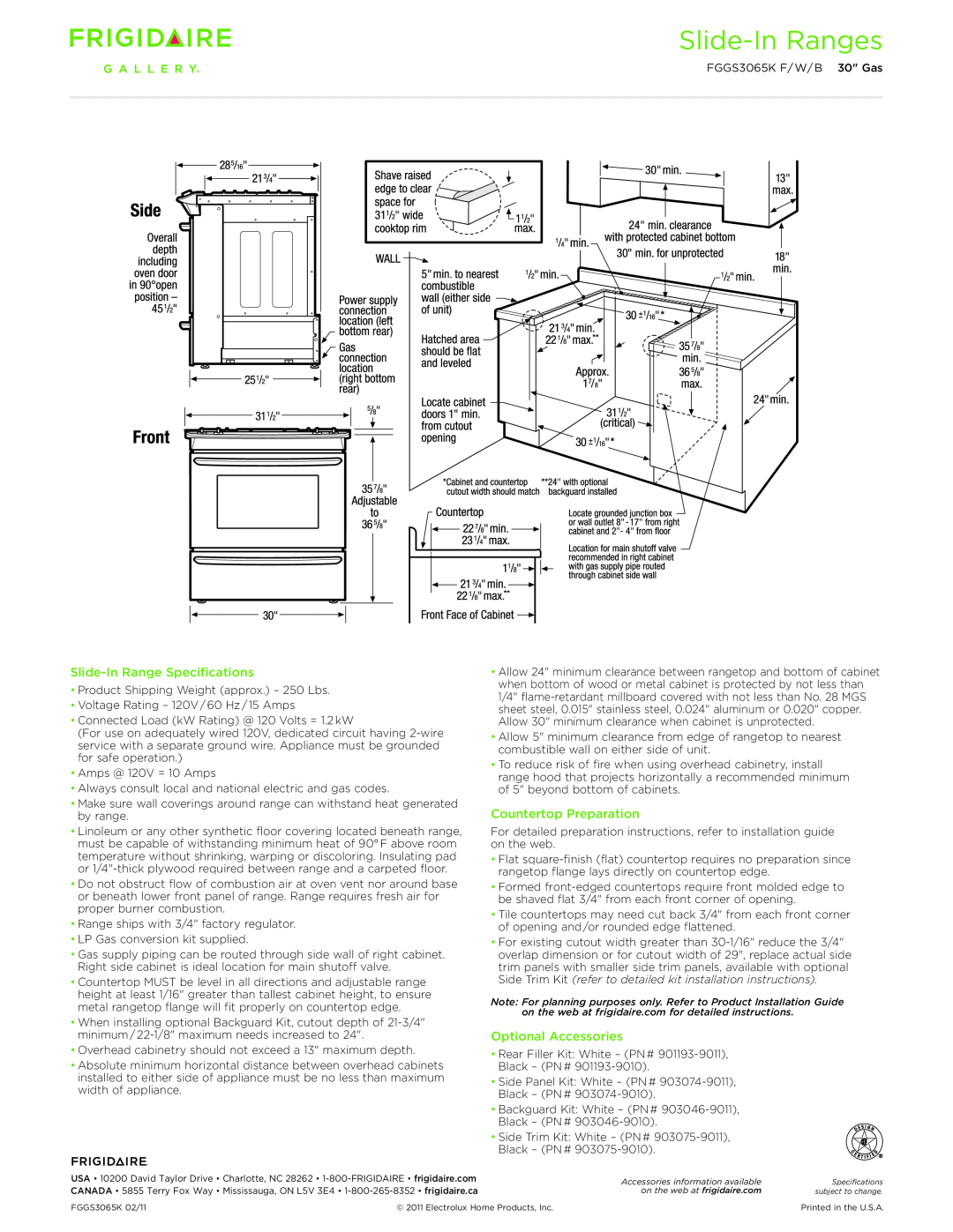 Frigidaire FGGS3065K dimensions Slide-InRange Specifications, Countertop Preparation, Optional Accessories, Slide-InRanges 