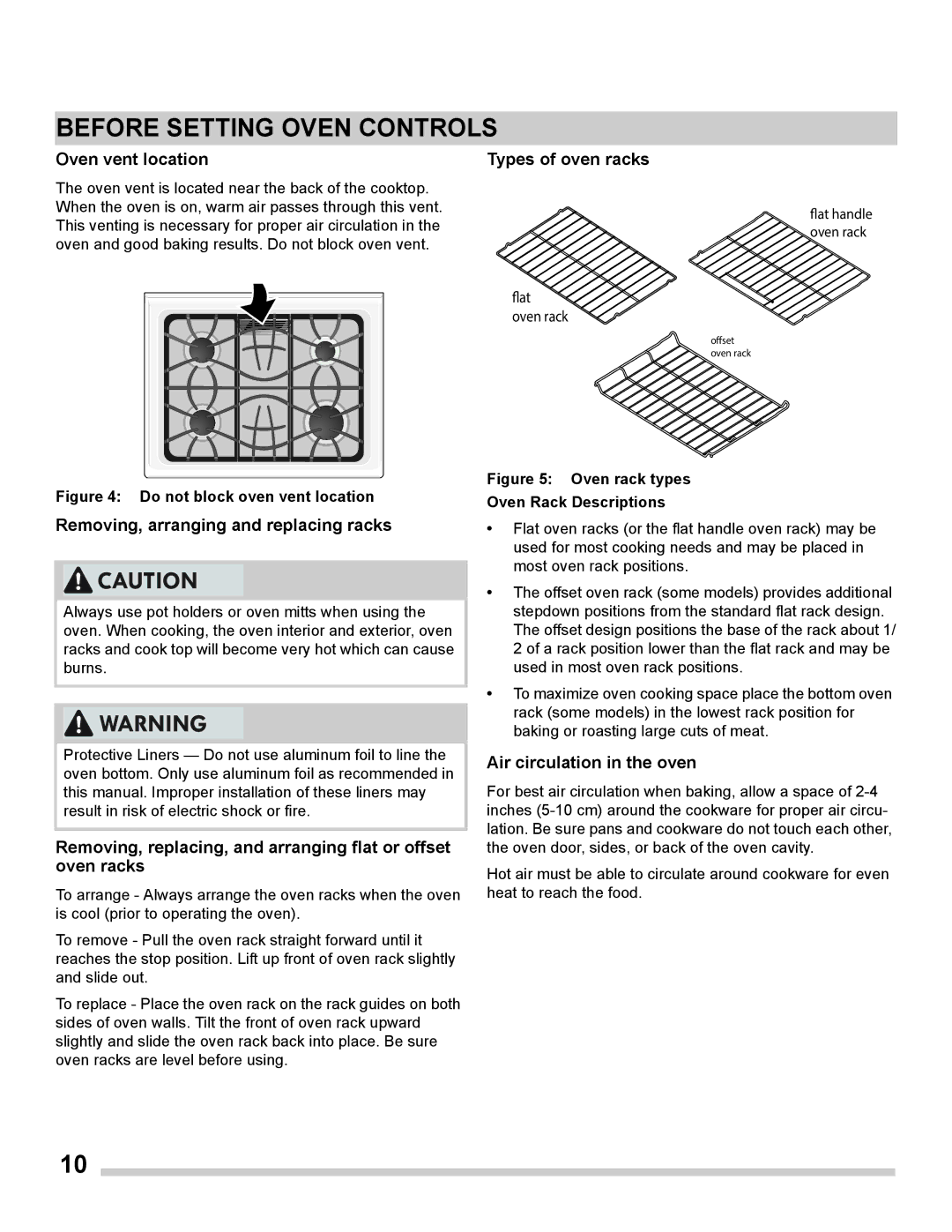 Frigidaire FGGS3065PF Before Setting Oven Controls, Oven vent location, Removing, arranging and replacing racks 