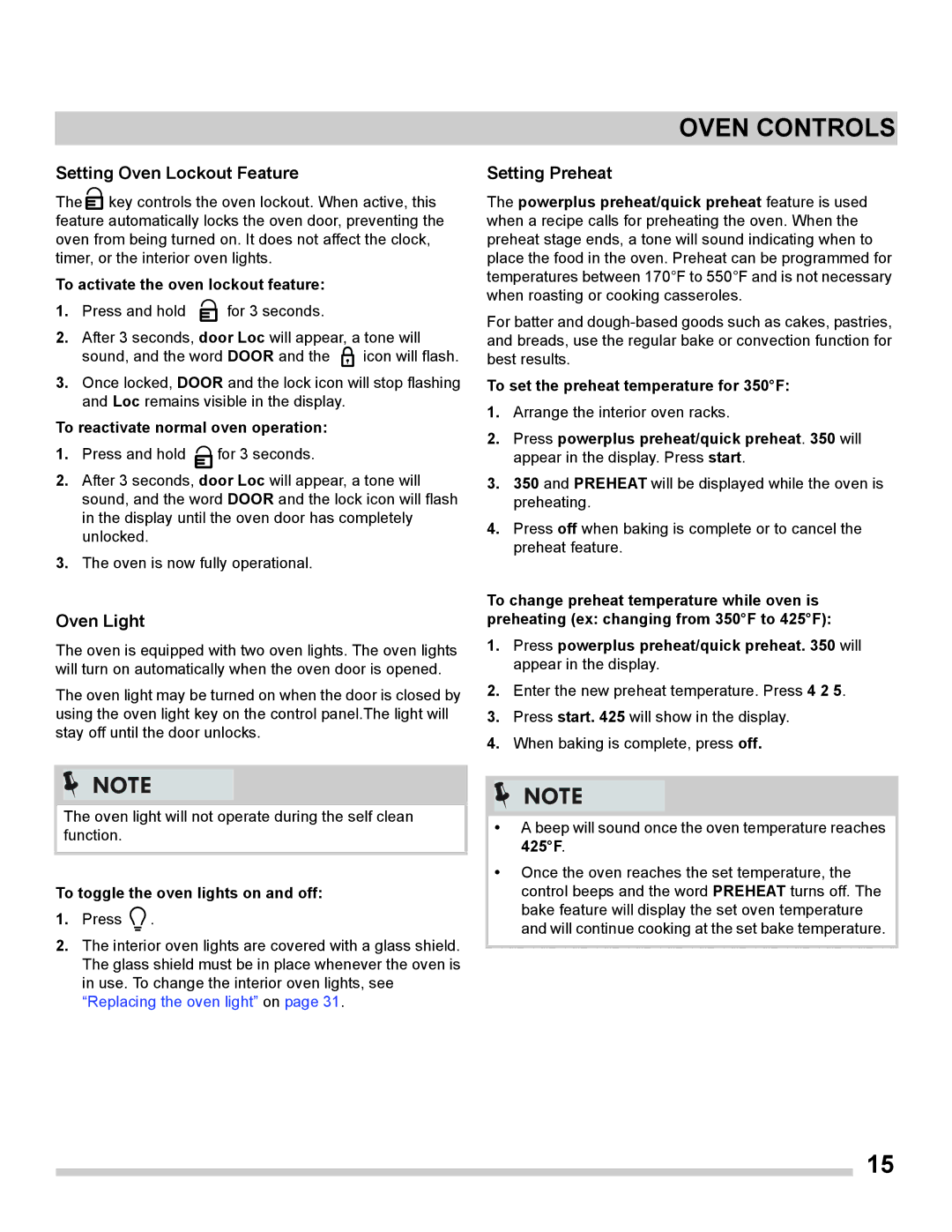 Frigidaire FGGS3065PF important safety instructions Setting Oven Lockout Feature, Oven Light, Setting Preheat 