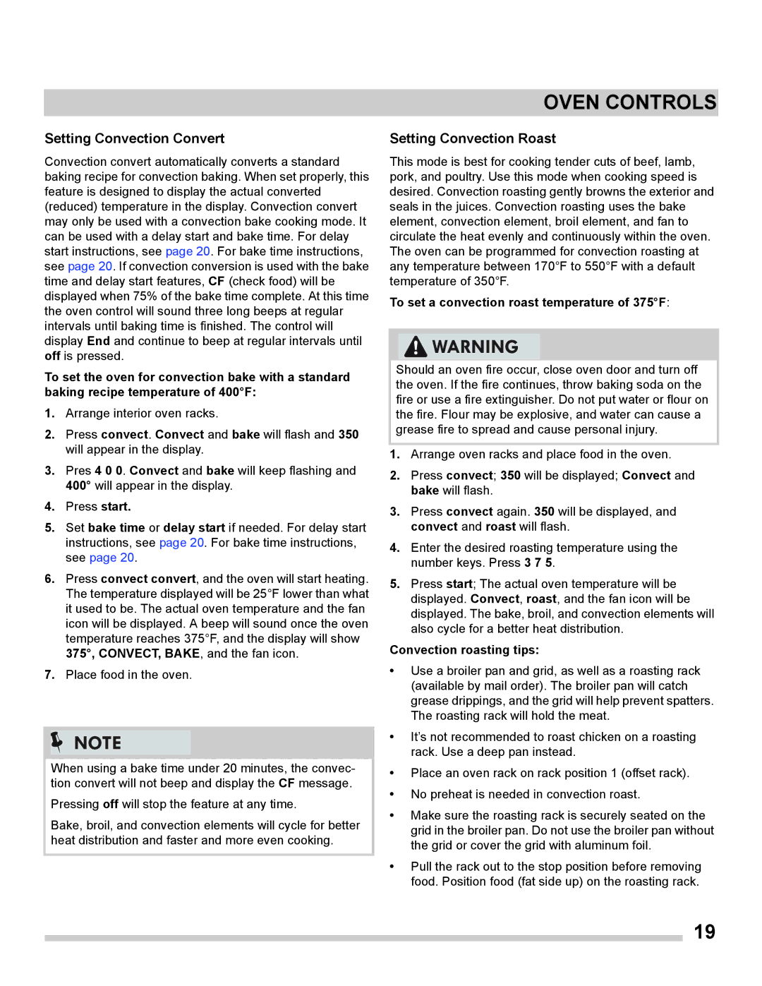 Frigidaire FGGS3065PF Setting Convection Convert, Setting Convection Roast, To set a convection roast temperature of 375F 