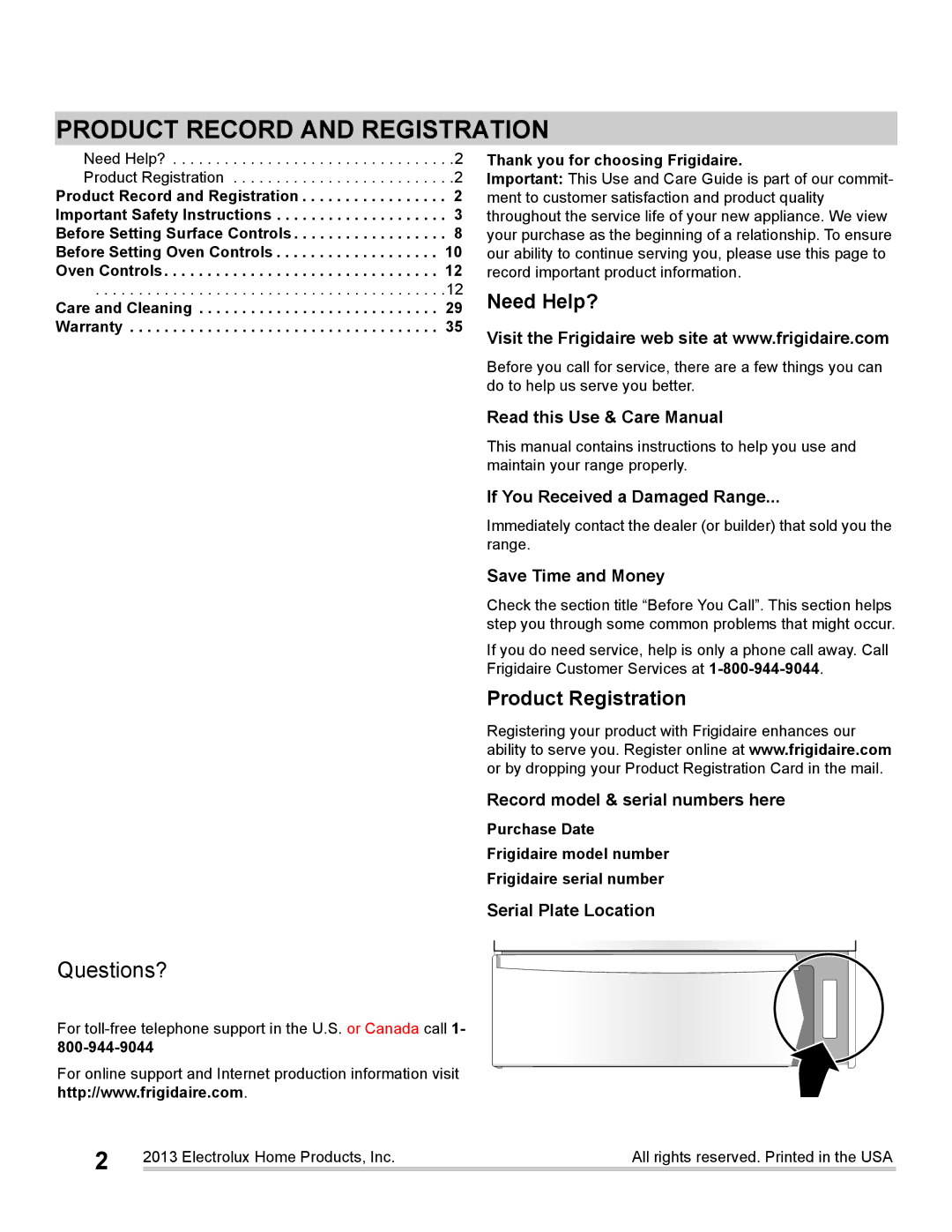 Frigidaire FGGS3065PF important safety instructions Product Record and Registration 