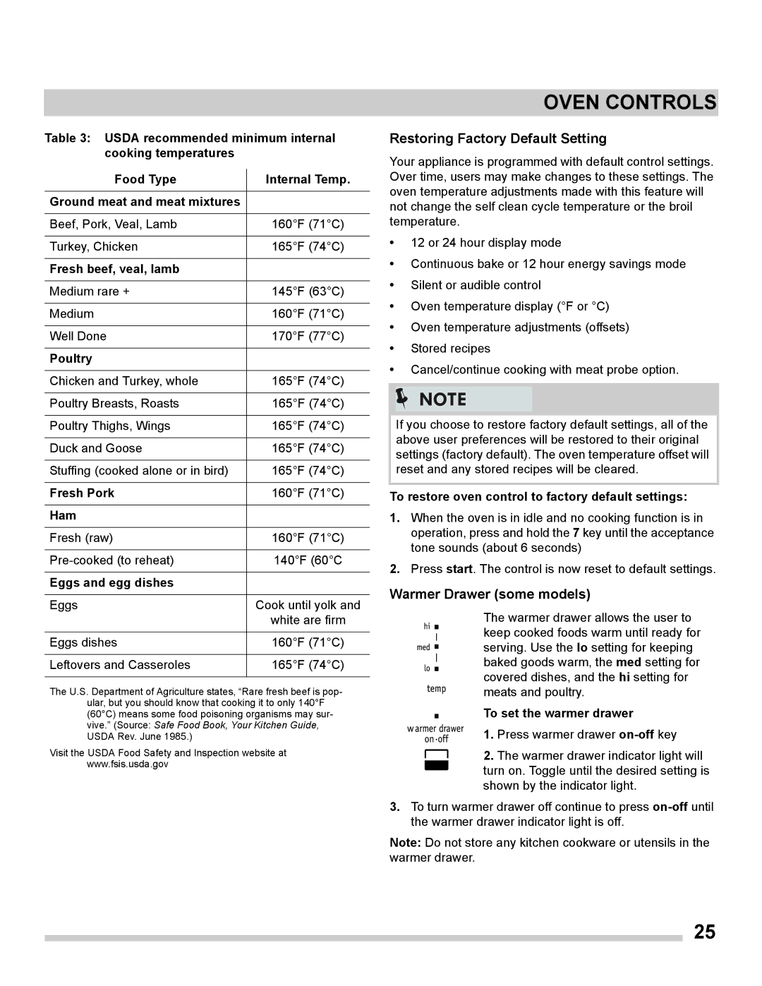 Frigidaire FGGS3065PF important safety instructions Restoring Factory Default Setting, Warmer Drawer some models 