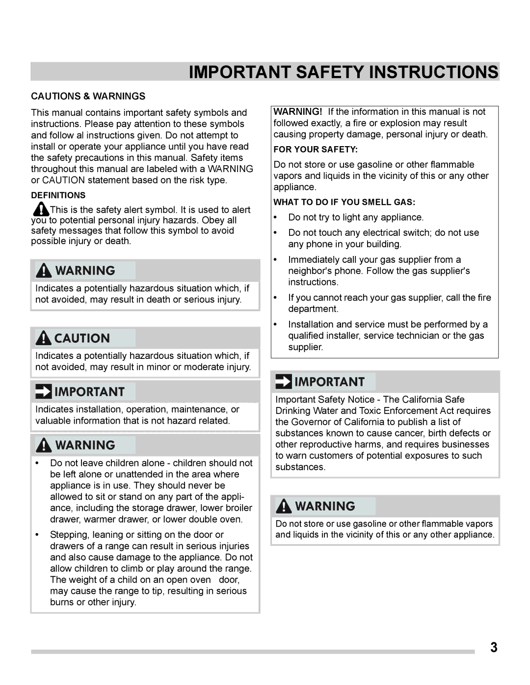 Frigidaire FGGS3065PF important safety instructions Important Safety Instructions 