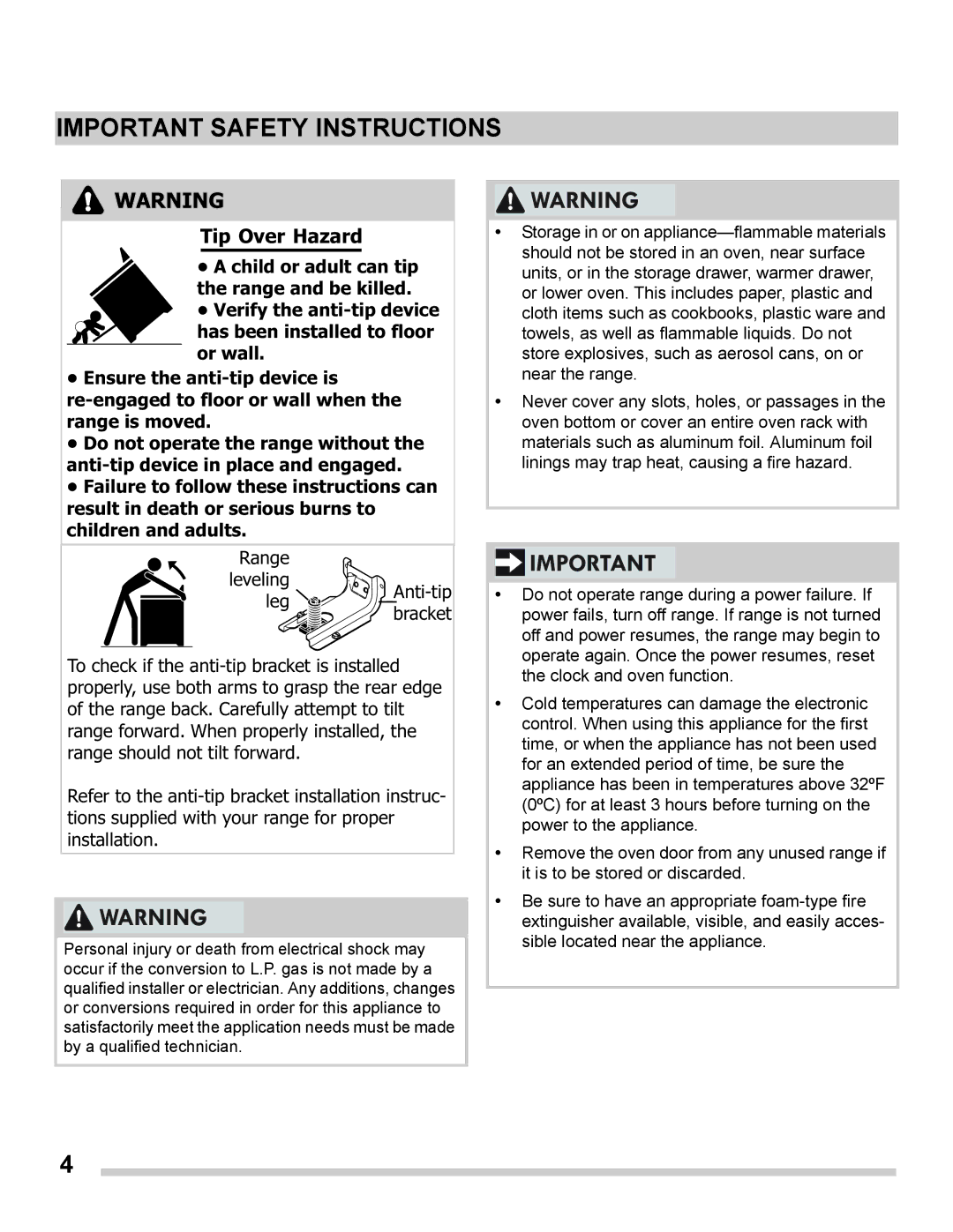 Frigidaire FGGS3065PF important safety instructions Important Safety Instructions, Tip Over Hazard 