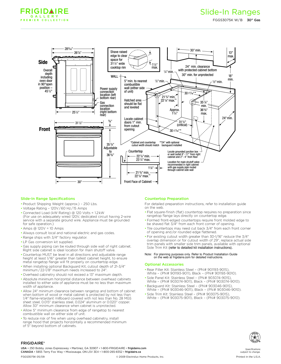 Frigidaire FGGS3075K W/B dimensions Slide-In Range Specifications, Countertop Preparation, Optional Accessories 