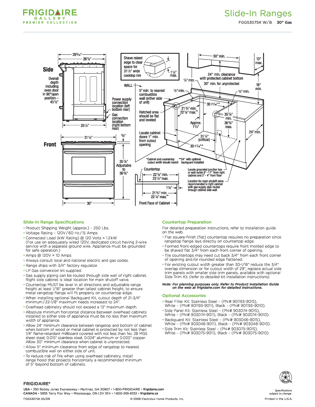 Frigidaire FGGS3075K W/B dimensions Slide-InRange Specifications, Countertop Preparation, Frigidaire, Optional Accessories 
