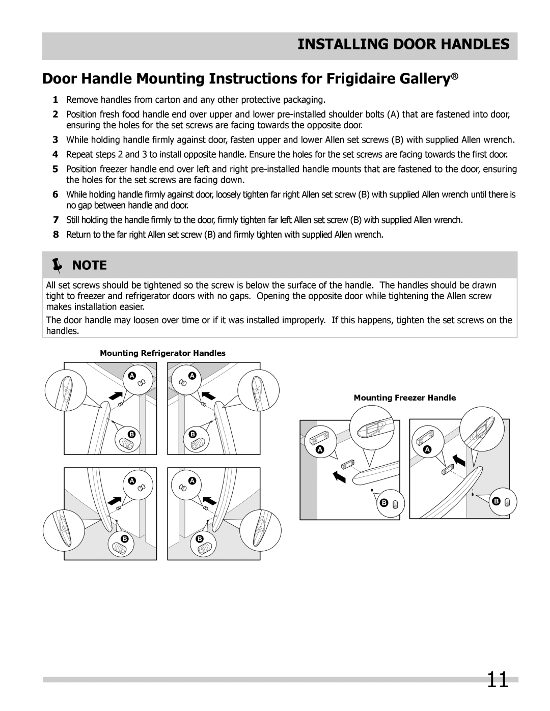 Frigidaire FGHB2844LF5 manual Mounting Refrigerator Handles Mounting Freezer Handle 