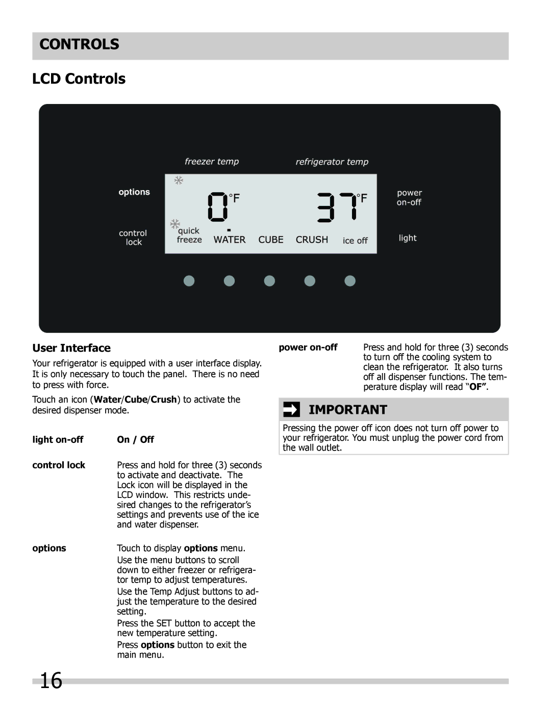 Frigidaire FGHB2844LF5 manual Controls LCD Controls, User Interface, Light on-off On / Off Control lock, Options 