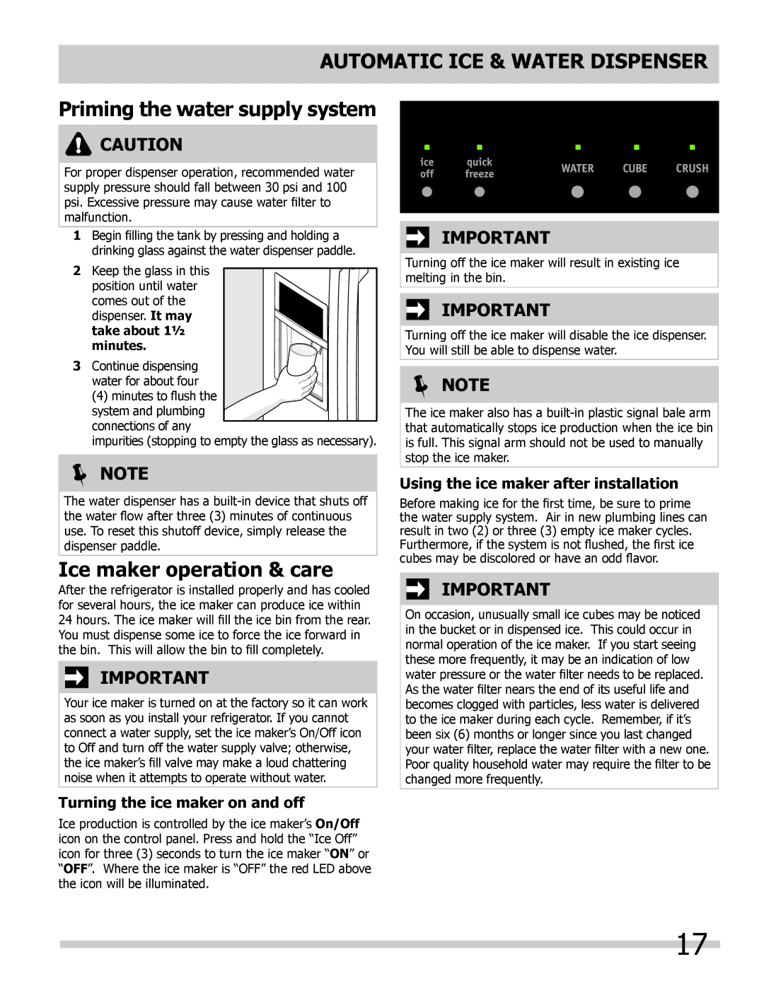 Frigidaire FGHB2844LF5 manual Ice maker operation & care, Using the ice maker after installation 