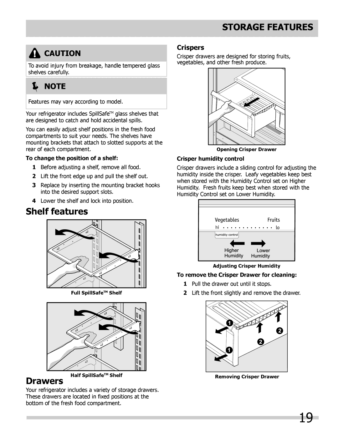 Frigidaire FGHB2844LF5 manual Shelf features Storage Features, Drawers, Crispers 