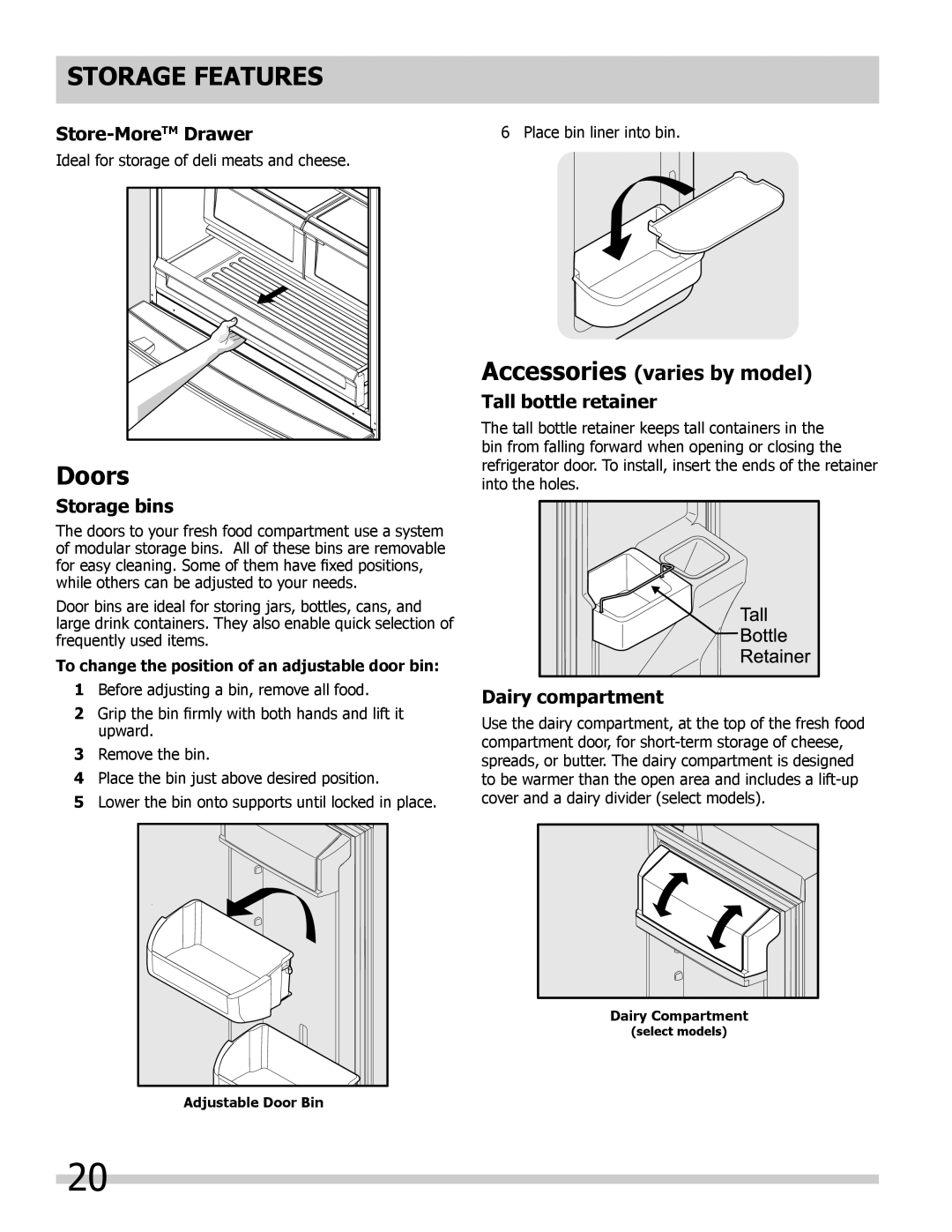 Frigidaire FGHB2844LF5 manual Doors, Store-MoreTMDrawer, Storage bins, Tall bottle retainer, Dairy compartment 