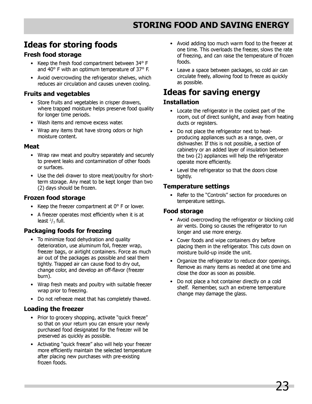 Frigidaire FGHB2844LF5 manual Storing food and saving energy Ideas for storing foods, Ideas for saving energy 