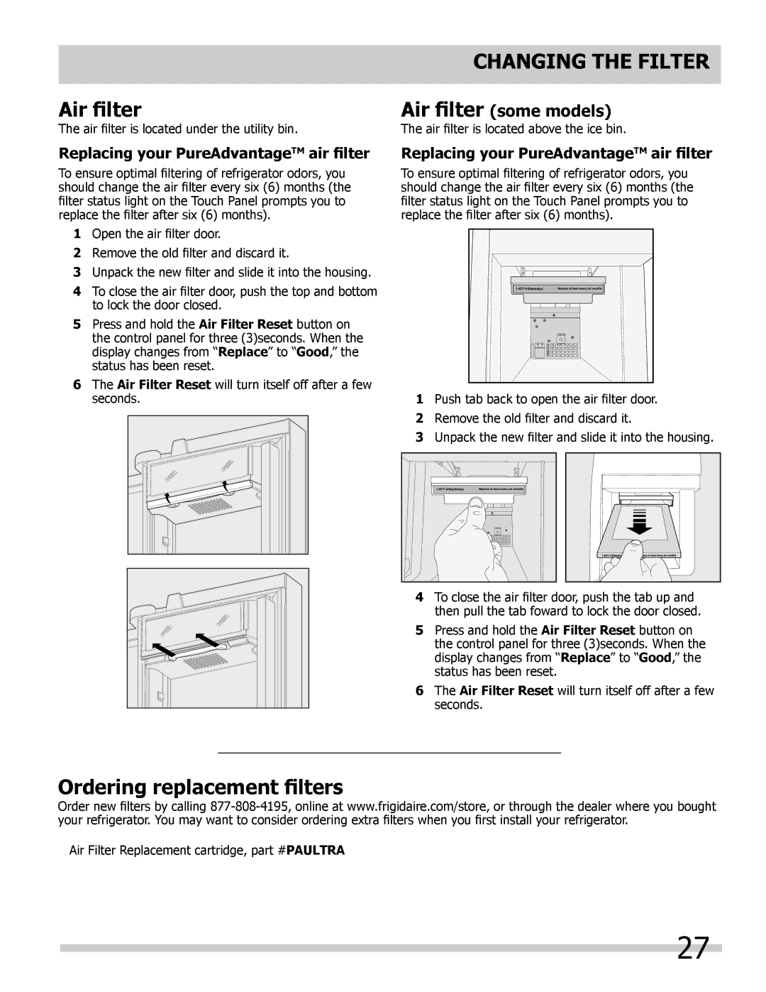 Frigidaire FGHB2844LF5 manual Air filter, Replacing your PureAdvantageTM air filter 