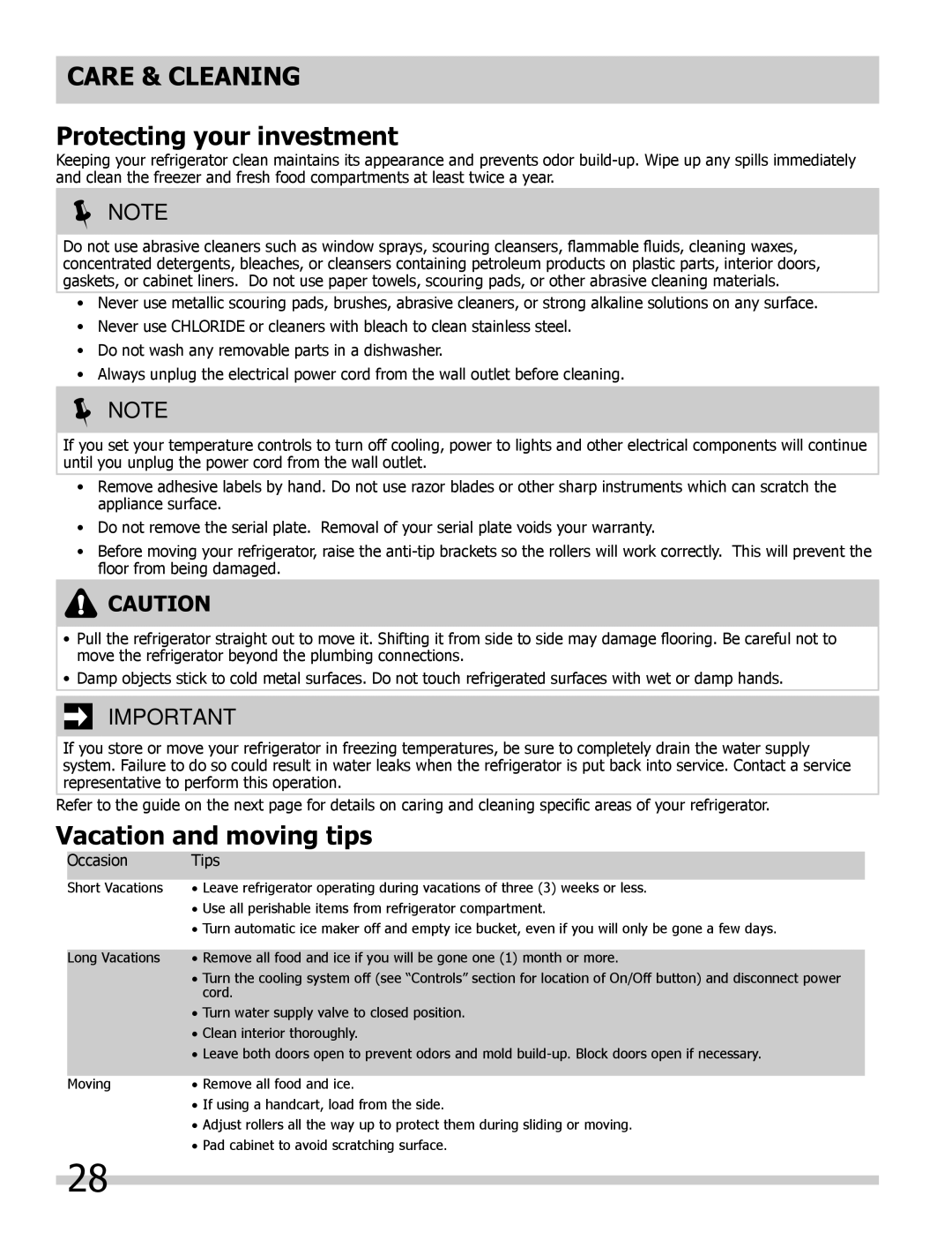 Frigidaire FGHB2844LF5 manual Care & Cleaning Protecting your investment, Vacation and moving tips 