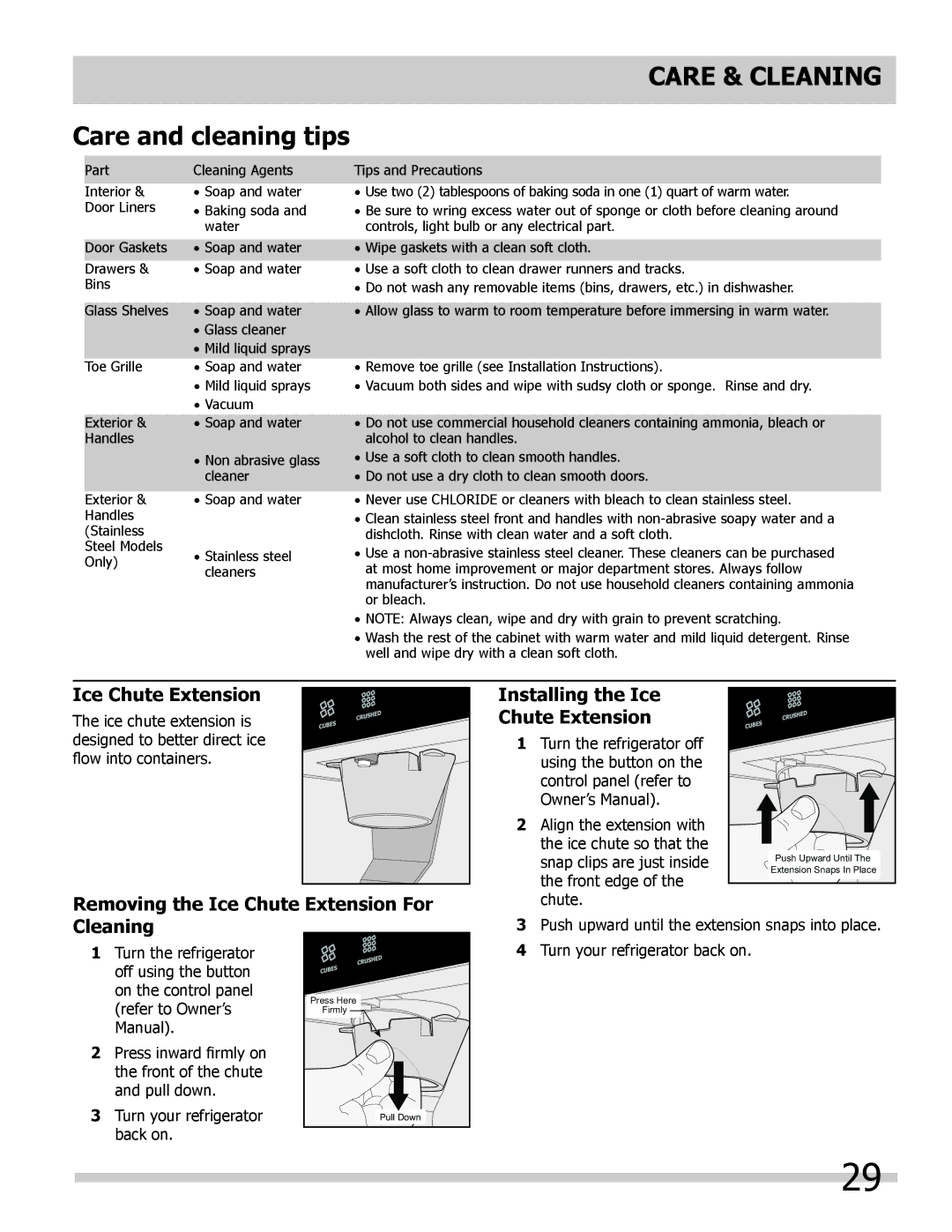 Frigidaire FGHB2844LF5 manual Care & Cleaning, Care and cleaning tips, Ice Chute Extension 