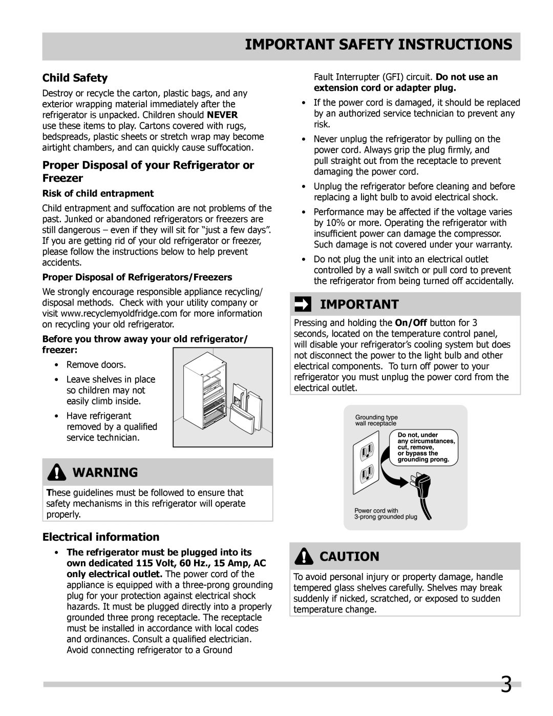 Frigidaire FGHB2844LF5 manual Child Safety, Proper Disposal of your Refrigerator or Freezer, Electrical information 