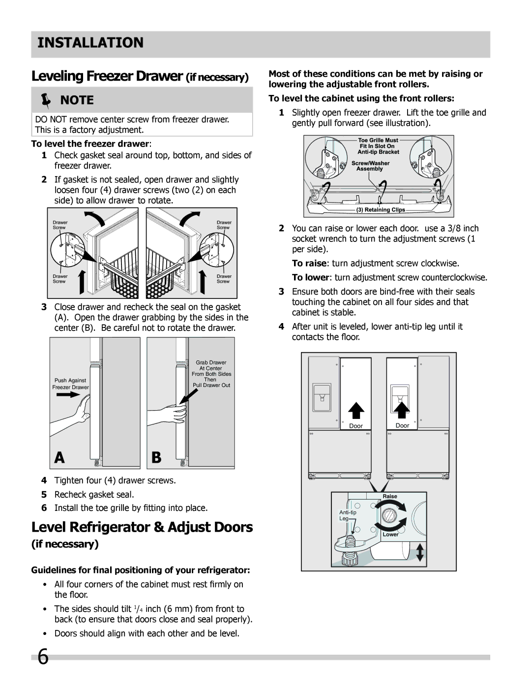 Frigidaire FGHB2844LF5 manual Level Refrigerator & Adjust Doors, If necessary, To level the freezer drawer 