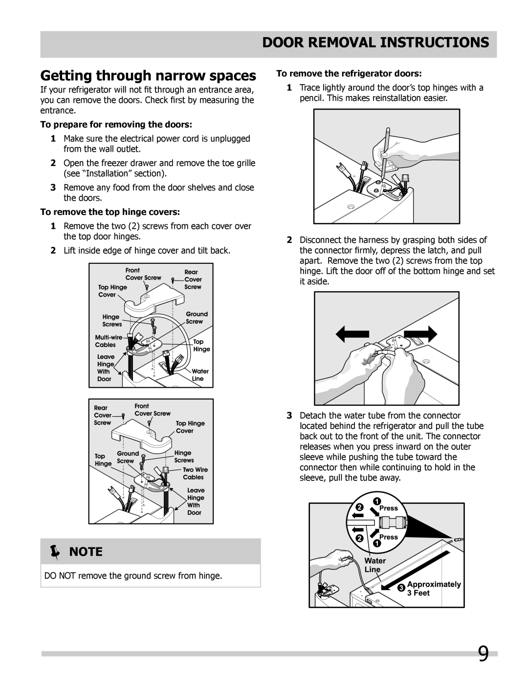 Frigidaire FGHB2844LF5 manual Door Removal Instructions Getting through narrow spaces, To prepare for removing the doors 