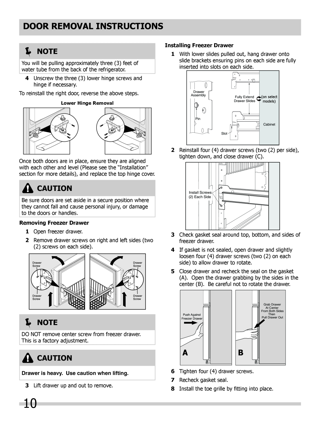 Frigidaire FGHB2844LF5 manual Removing Freezer Drawer, Installing Freezer Drawer, Door Removal Instructions, Note 