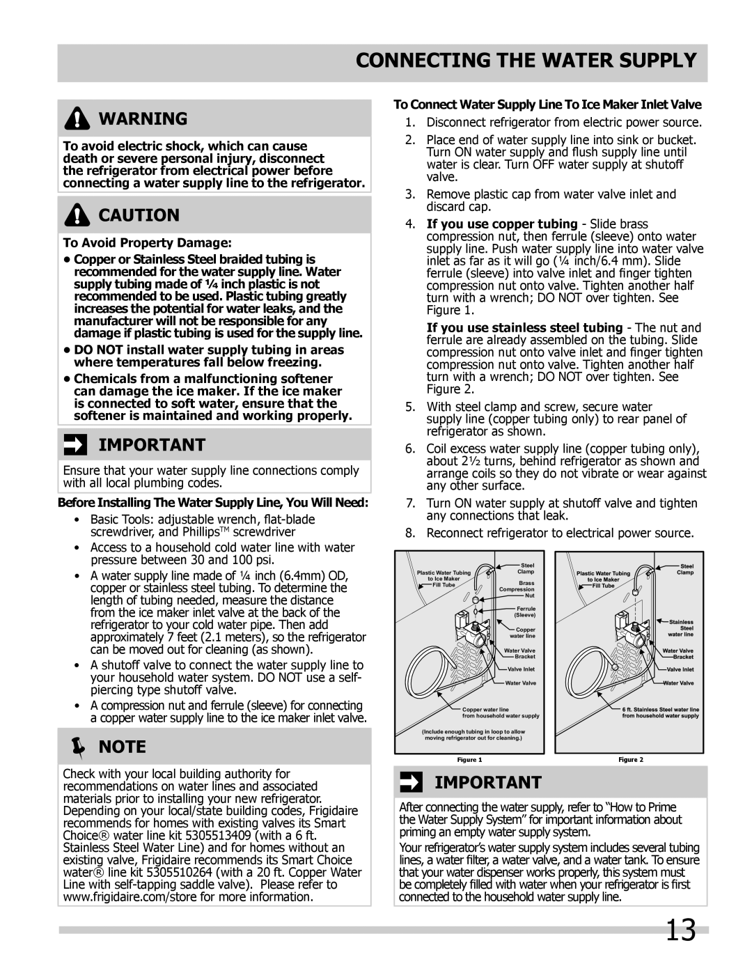 Frigidaire FGHB2844LF5 manual Connecting the Water Supply, To Avoid Property Damage, Note 