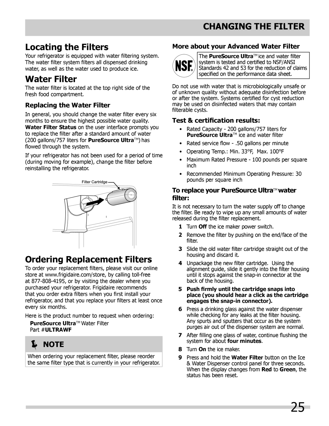Frigidaire FGHB2844LF5 manual Locating the Filters, Water Filter, Ordering Replacement Filters, Changing The Filter, Note 