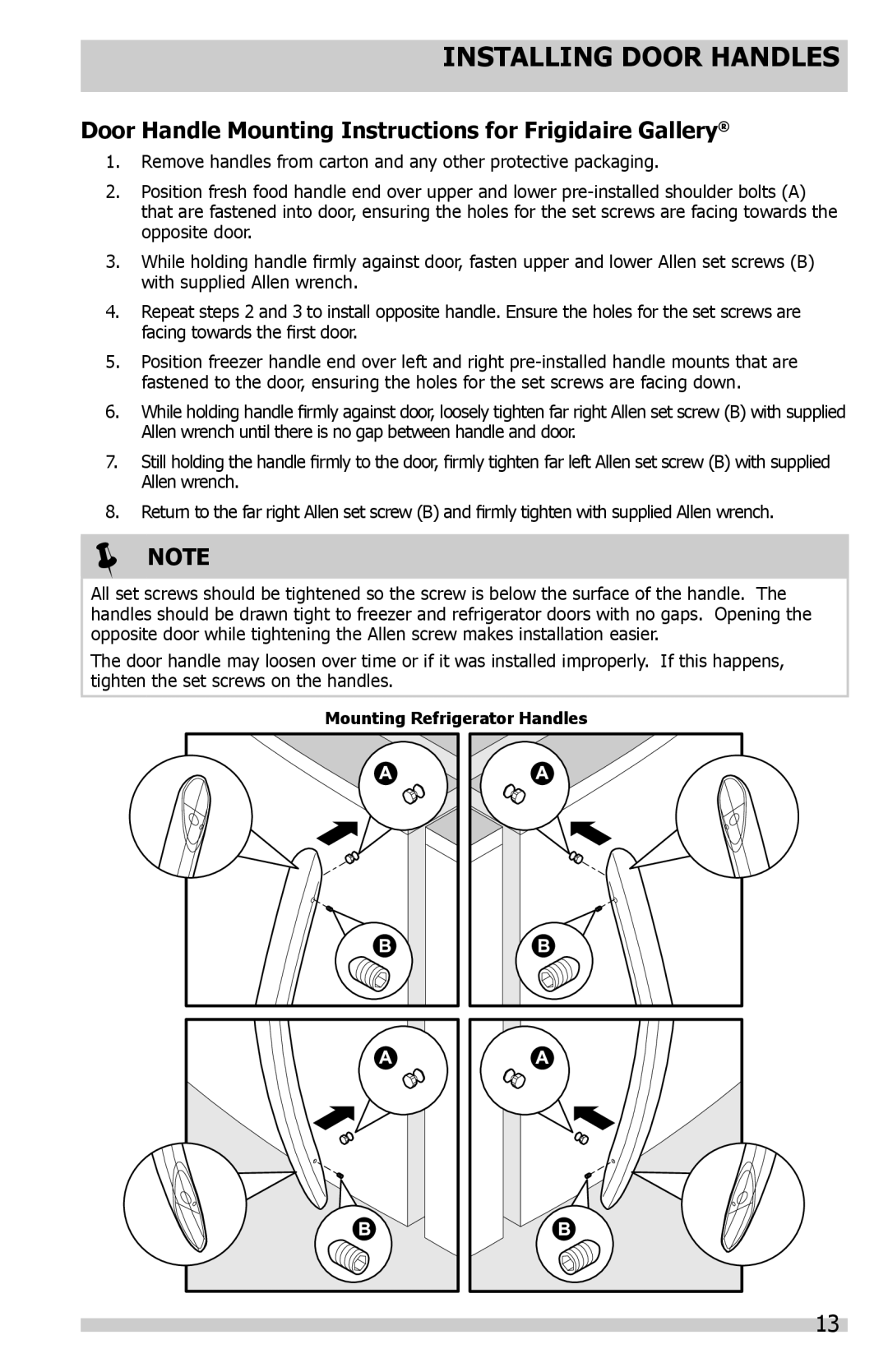 Frigidaire FGHB2844LE, FGHB2844LP Installing Door Handles, Door Handle Mounting Instructions for Frigidaire Gallery 