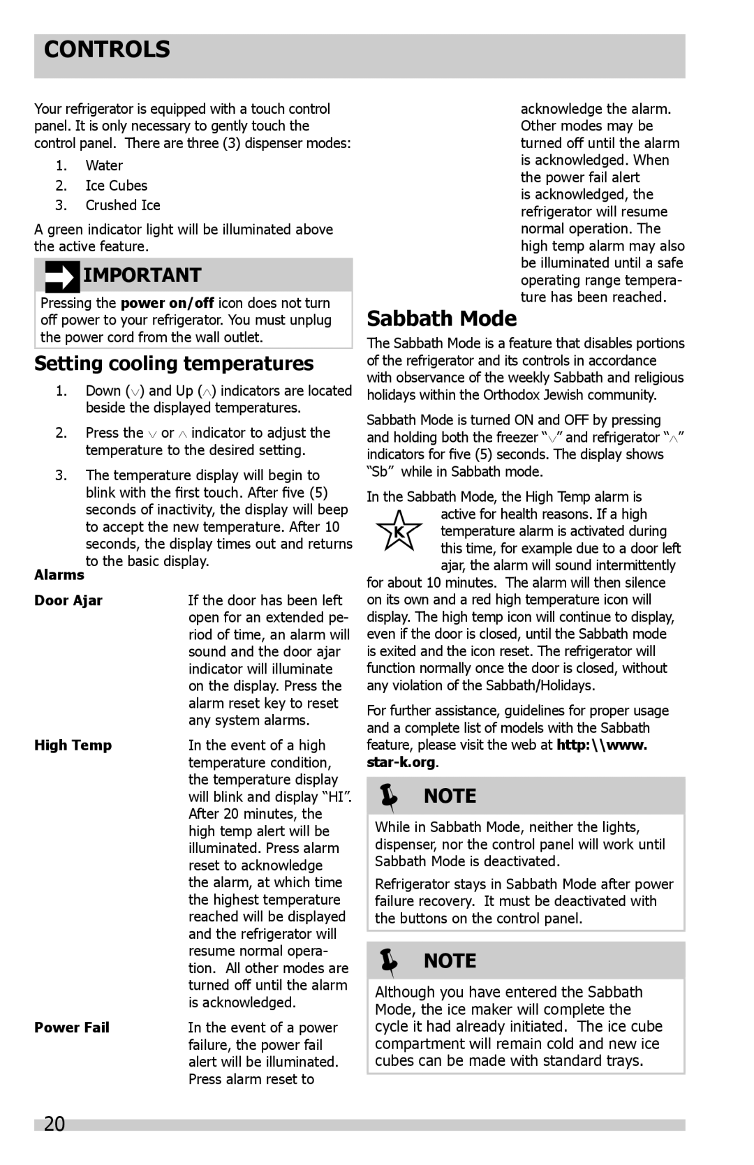 Frigidaire FGHB2844LP, FGHB2869LF, FGHF2344MF Sabbath Mode, Setting cooling temperatures, Door Ajar High Temp, Power Fail 