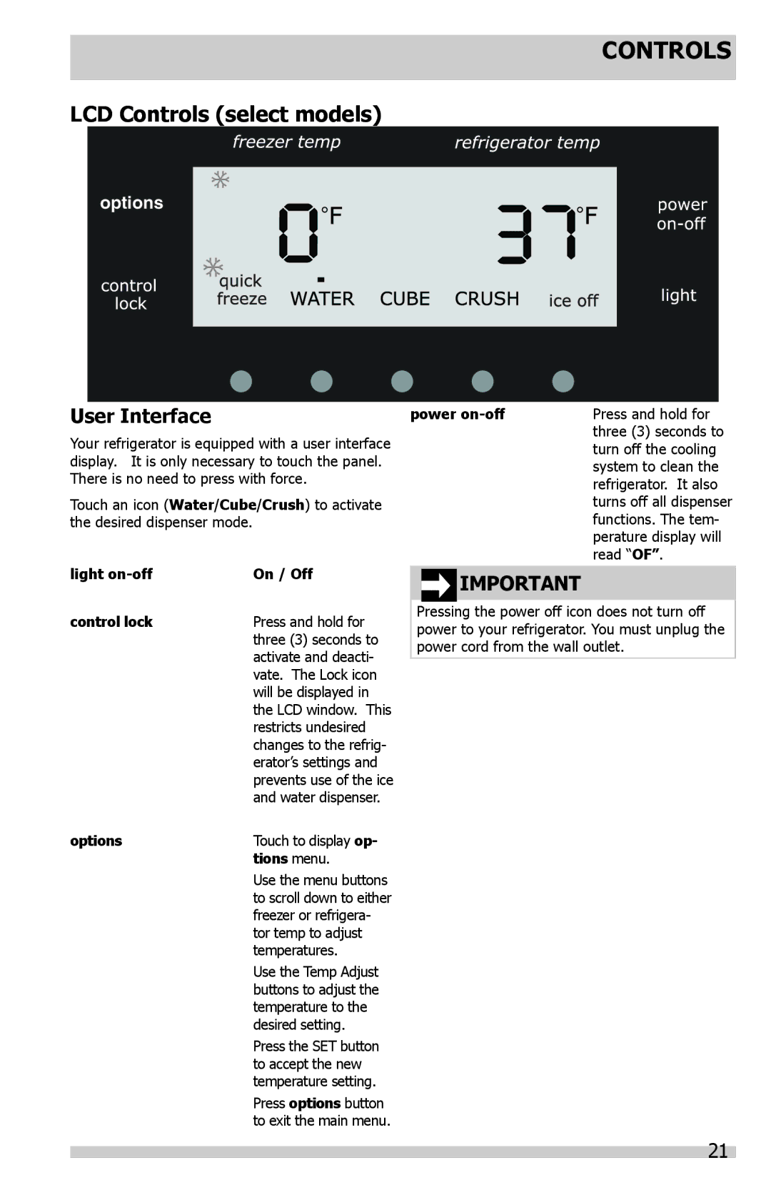 Frigidaire FGHB2869LF, FGHB2844LP, FGHF2344MF, FGHB2844LE, FGHB2844LF, FGUB2642LE LCD Controls select models, User Interface 