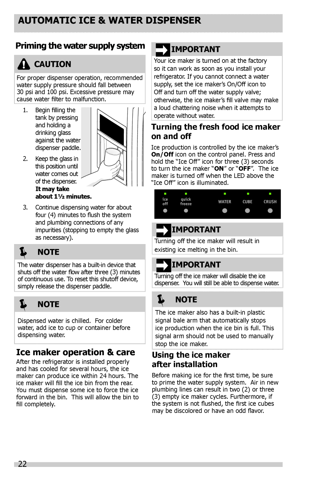 Frigidaire FGHF2344MF Automatic ICE & Water Dispenser, Ice maker operation & care, Using the ice maker after installation 