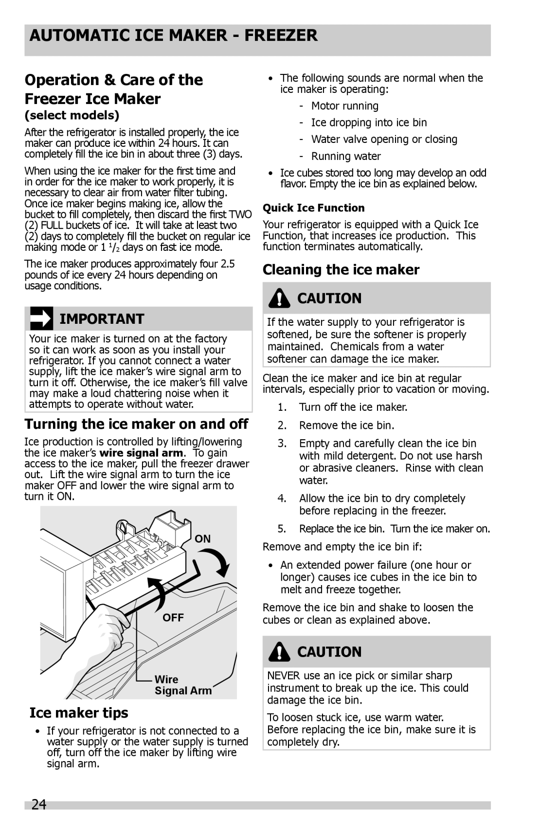 Frigidaire FGHB2844LF, FGHB2844LP Automatic ICE Maker Freezer, Operation & Care of the Freezer Ice Maker, Ice maker tips 