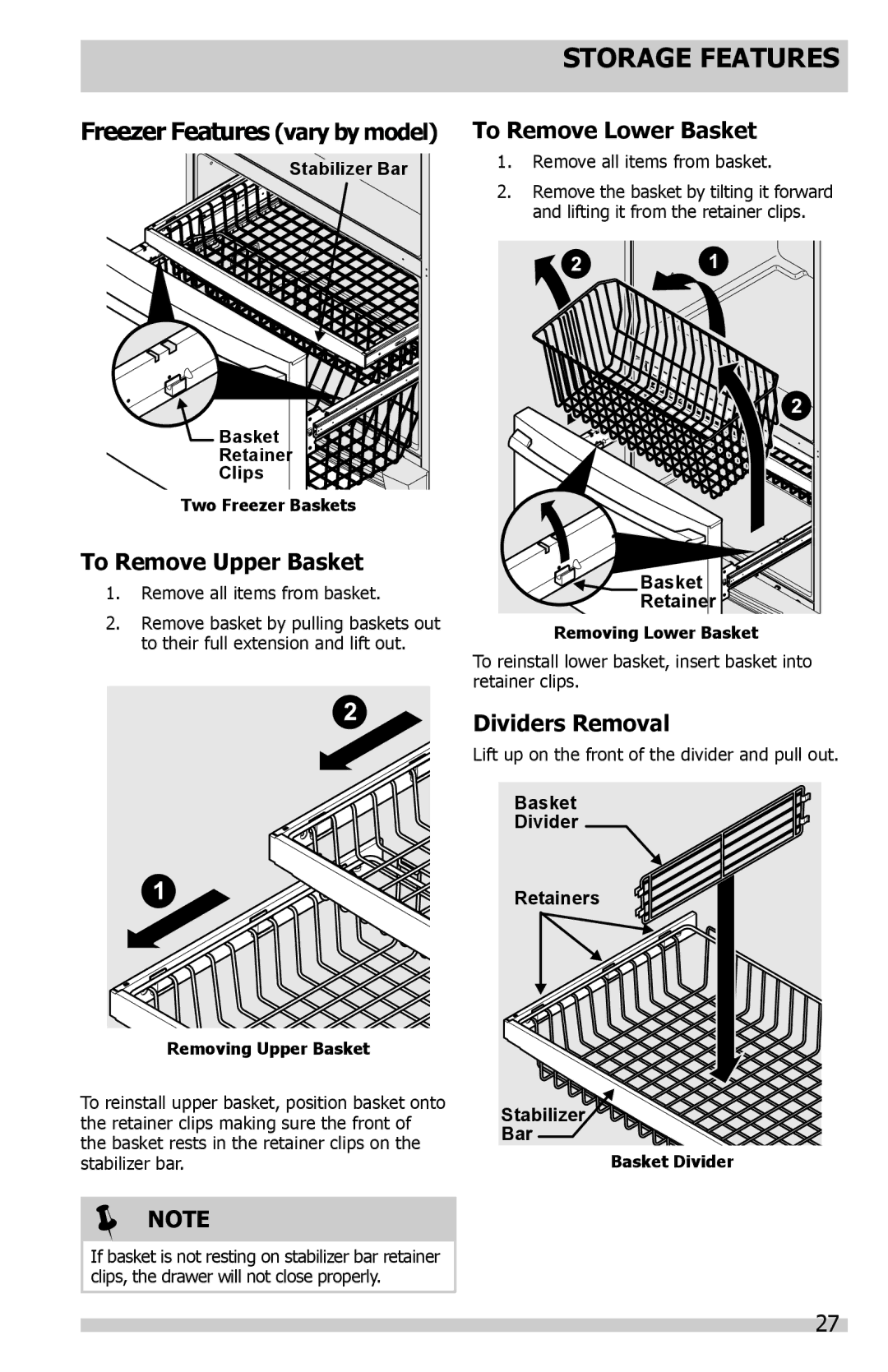 Frigidaire FGUB2642LF To Remove Upper Basket, To Remove Lower Basket, Dividers Removal, Remove all items from basket 