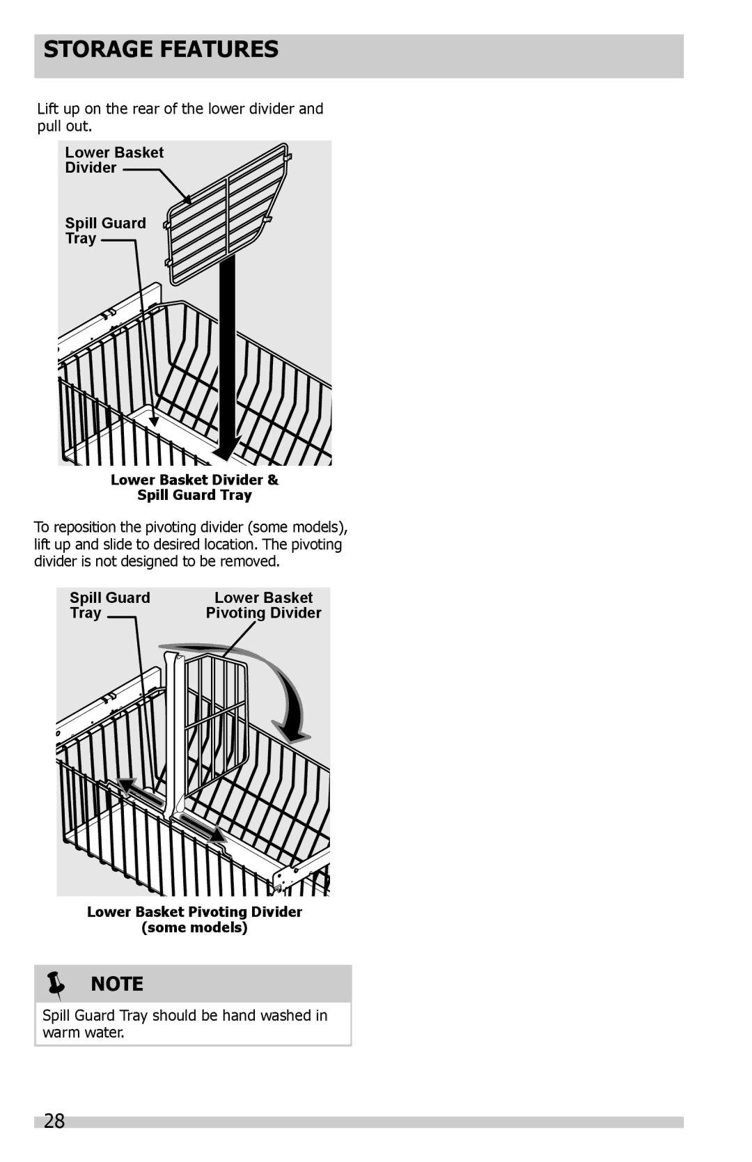 Frigidaire FGHF2369MF Lift up on the rear of the lower divider and pull out, Lower Basket Divider Spill Guard Tray 