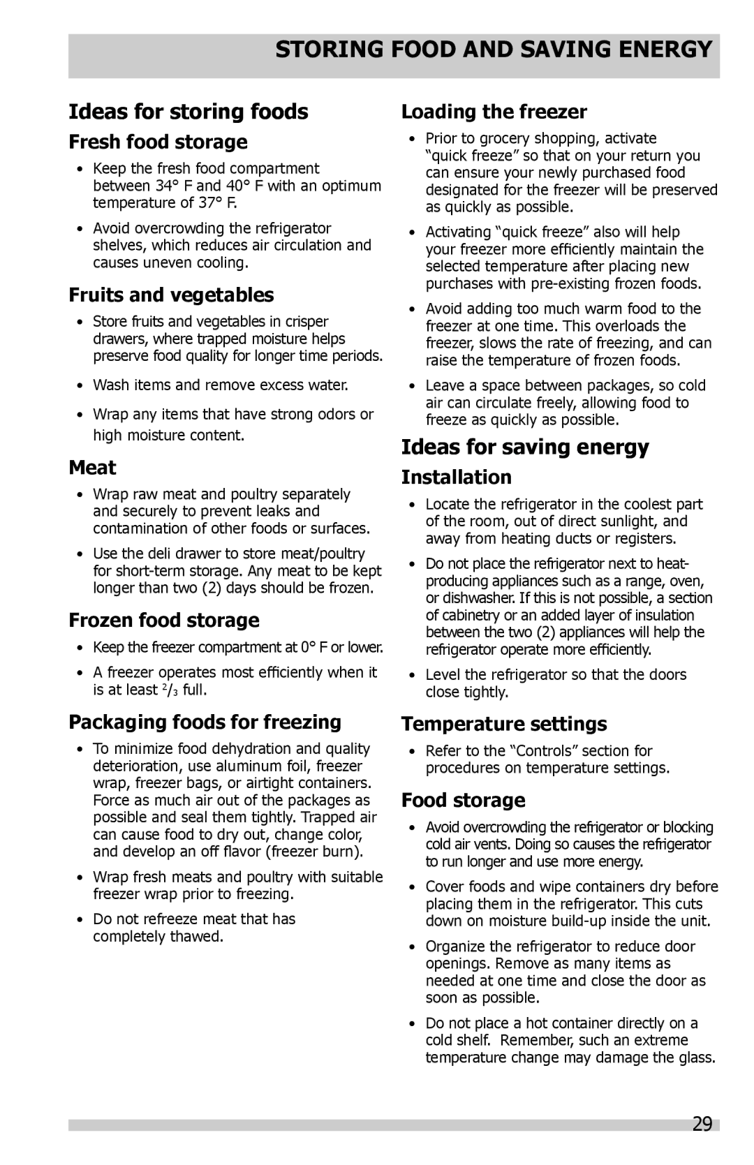 Frigidaire FPHF2399MF, FGHB2844LP Storing Food and Saving Energy, Ideas for storing foods, Ideas for saving energy 