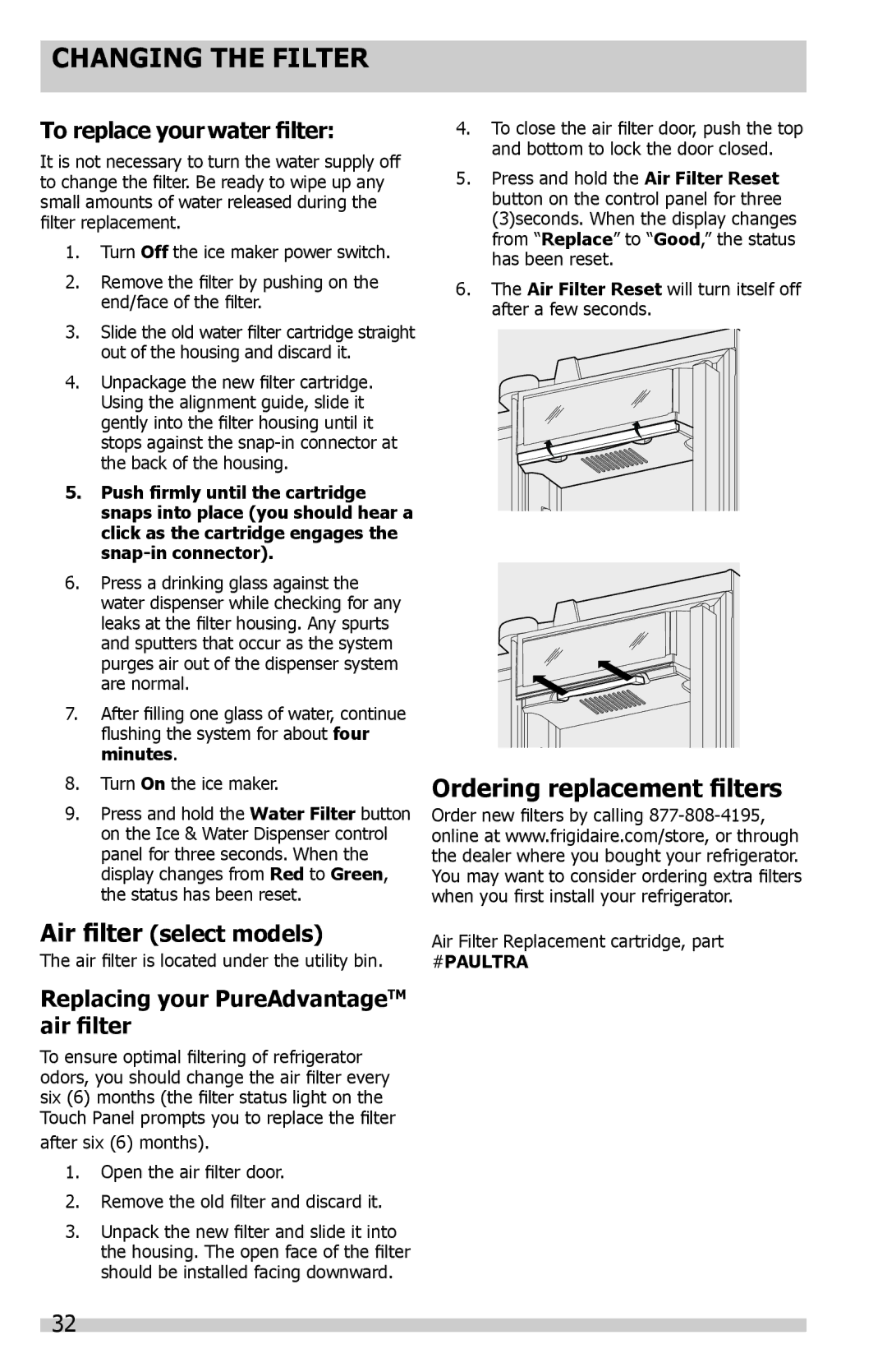 Frigidaire FGHF2344MF, FGHB2844LP Ordering replacement filters, To replace yourwater filter, Air filter select models 