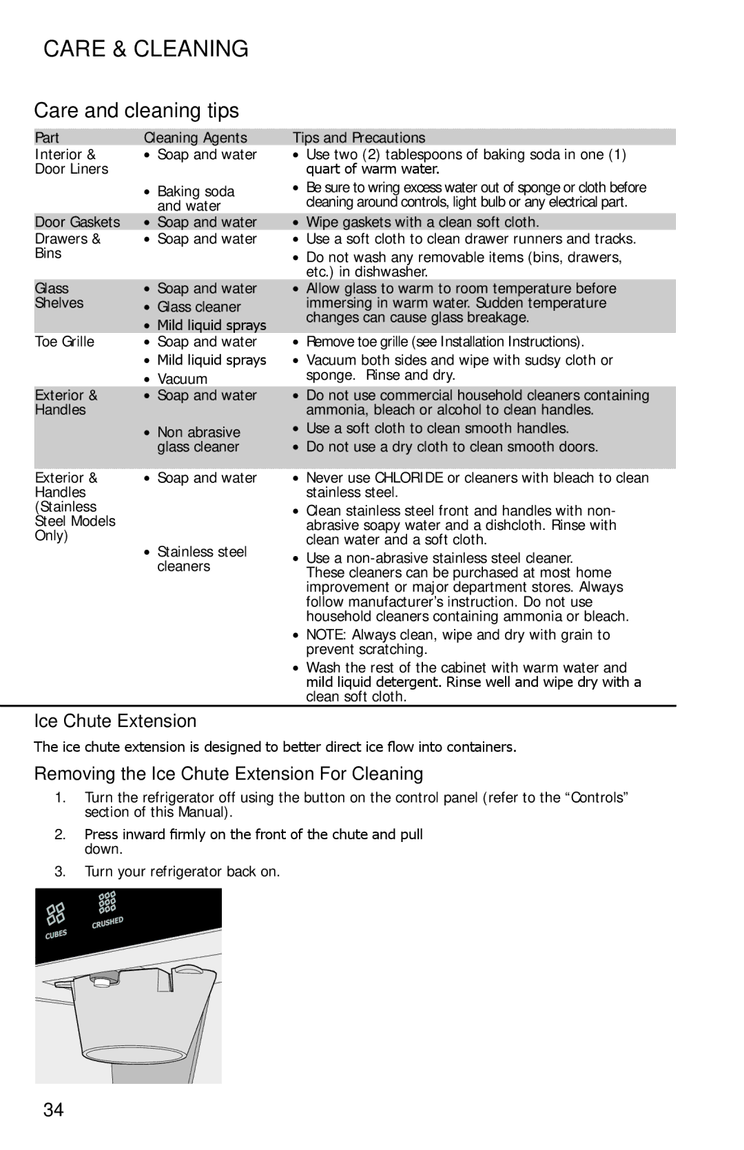 Frigidaire FGHB2844LF, FGHB2844LP, FGHB2869LF Care and cleaning tips, Removing the Ice Chute Extension For Cleaning 