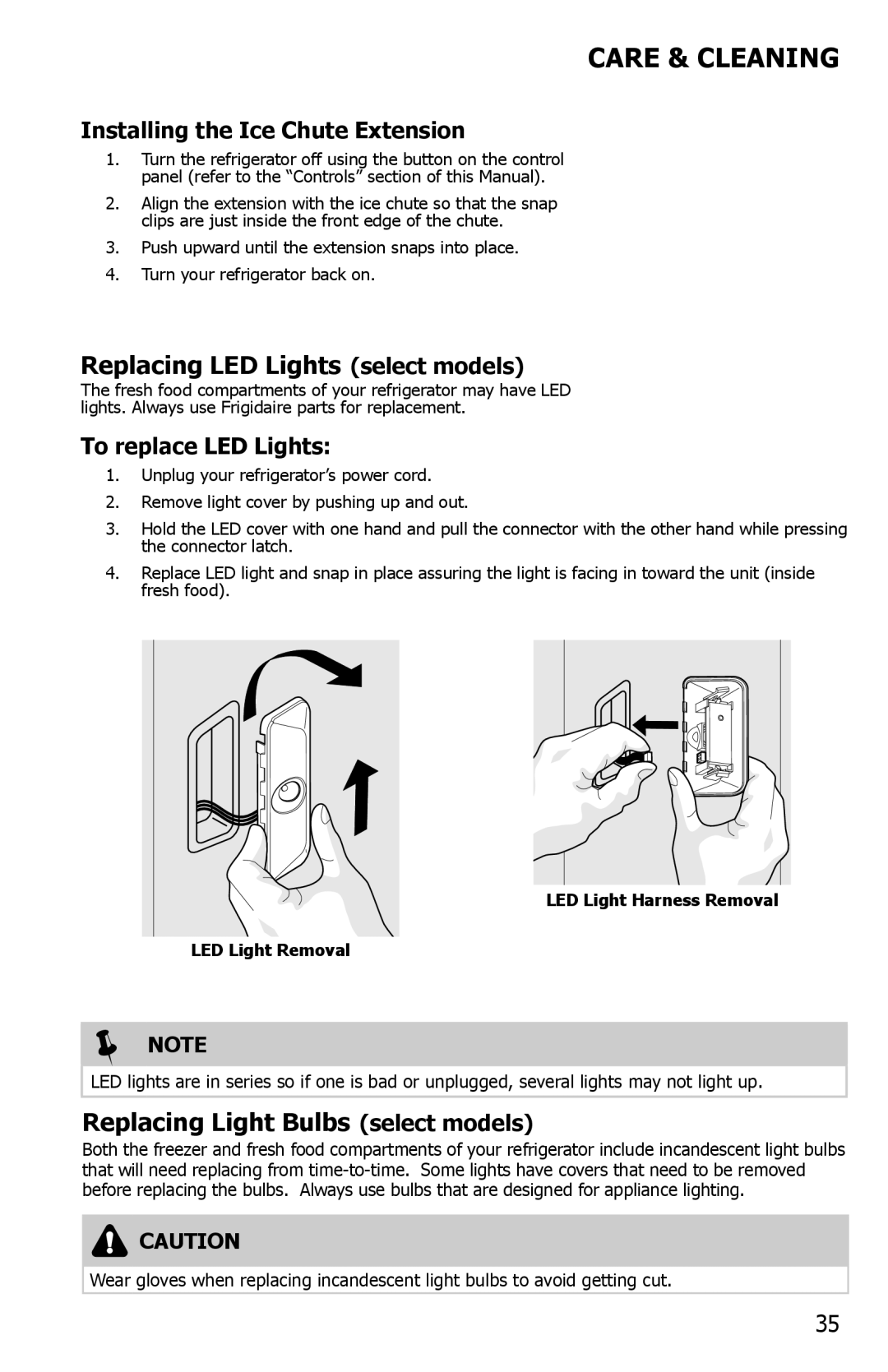 Frigidaire FGUB2642LE Replacing LED Lights select models, Replacing Light Bulbs select models, To replace LED Lights 