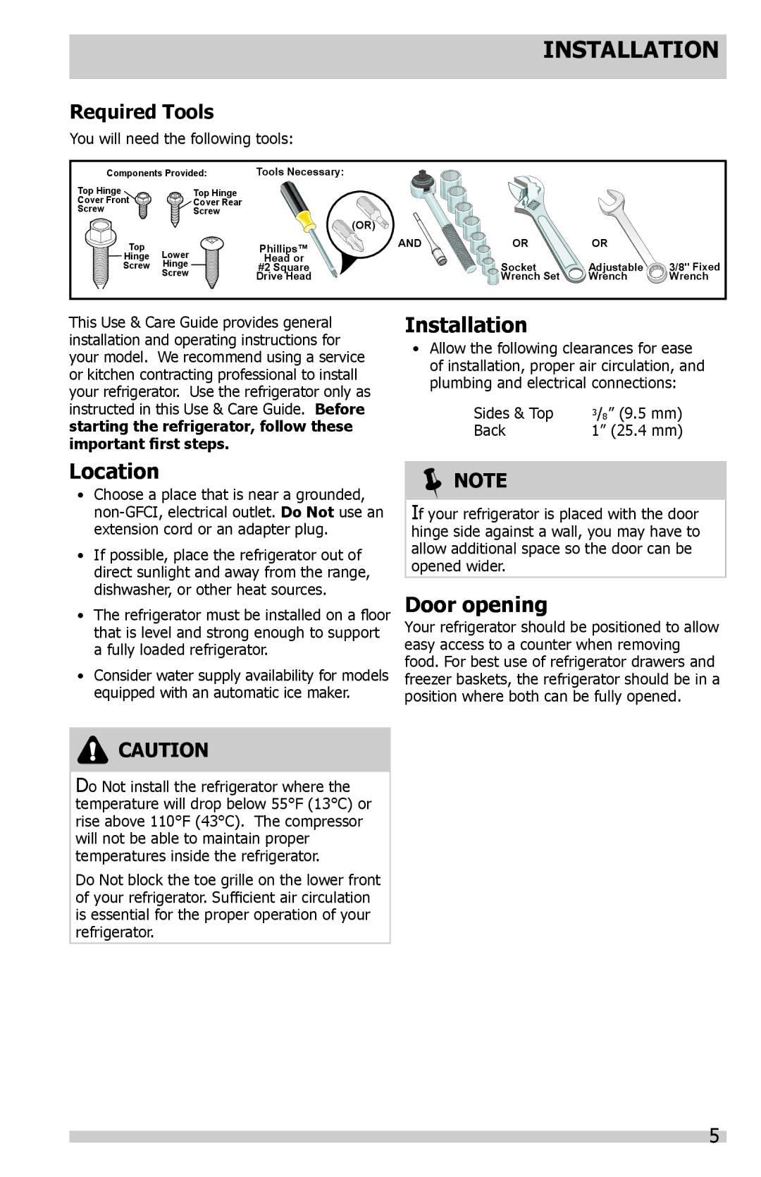 Frigidaire FGUB2642LE, FGHB2844LP, FGHB2869LF, FGHF2344MF, FGHB2844LE Installation, Location, Door opening, Required Tools 