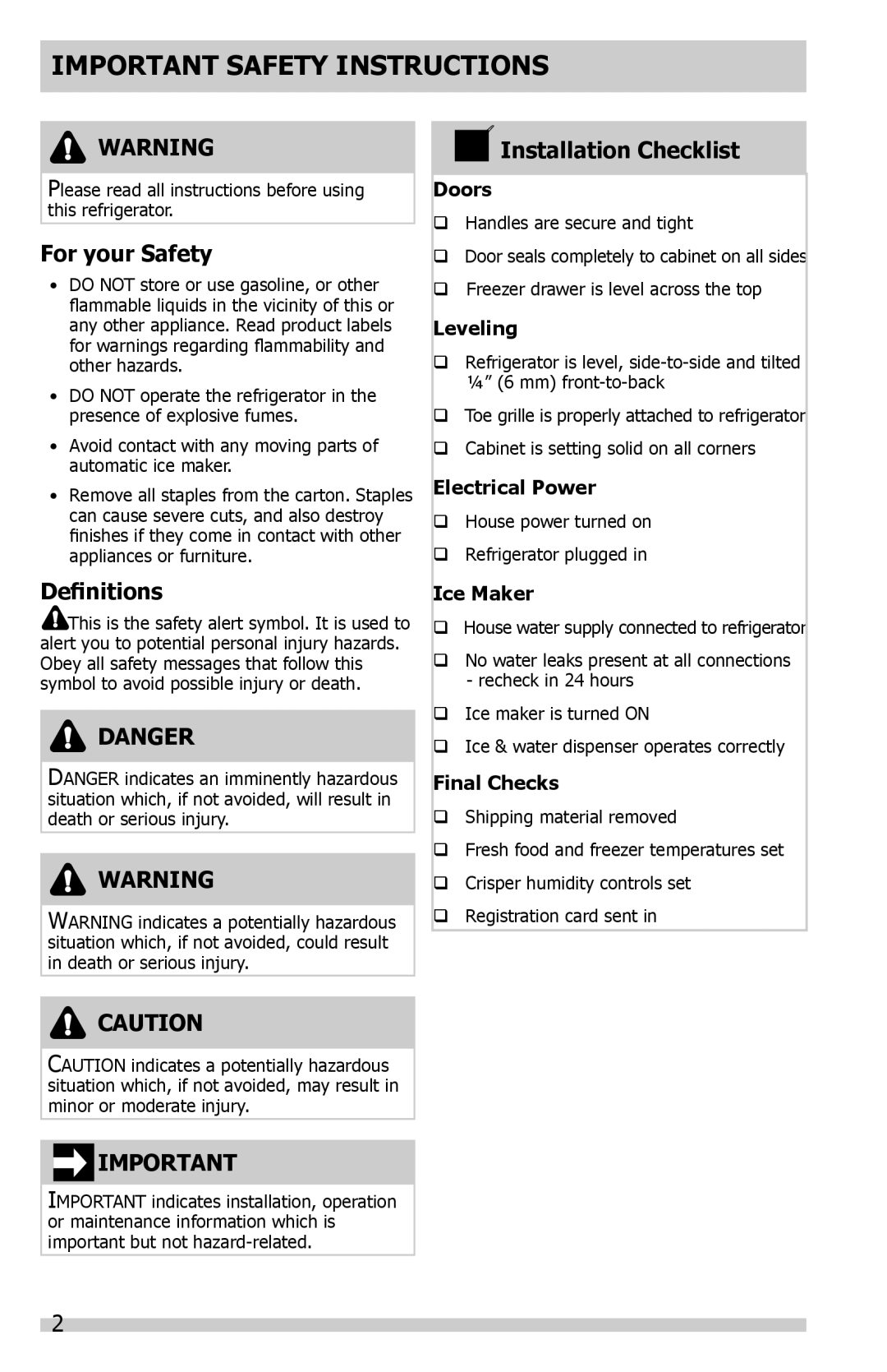 Frigidaire FGHF2344MF Important Safety Instructions, For your Safety, Definitions, Danger, Installation Checklist, Doors 