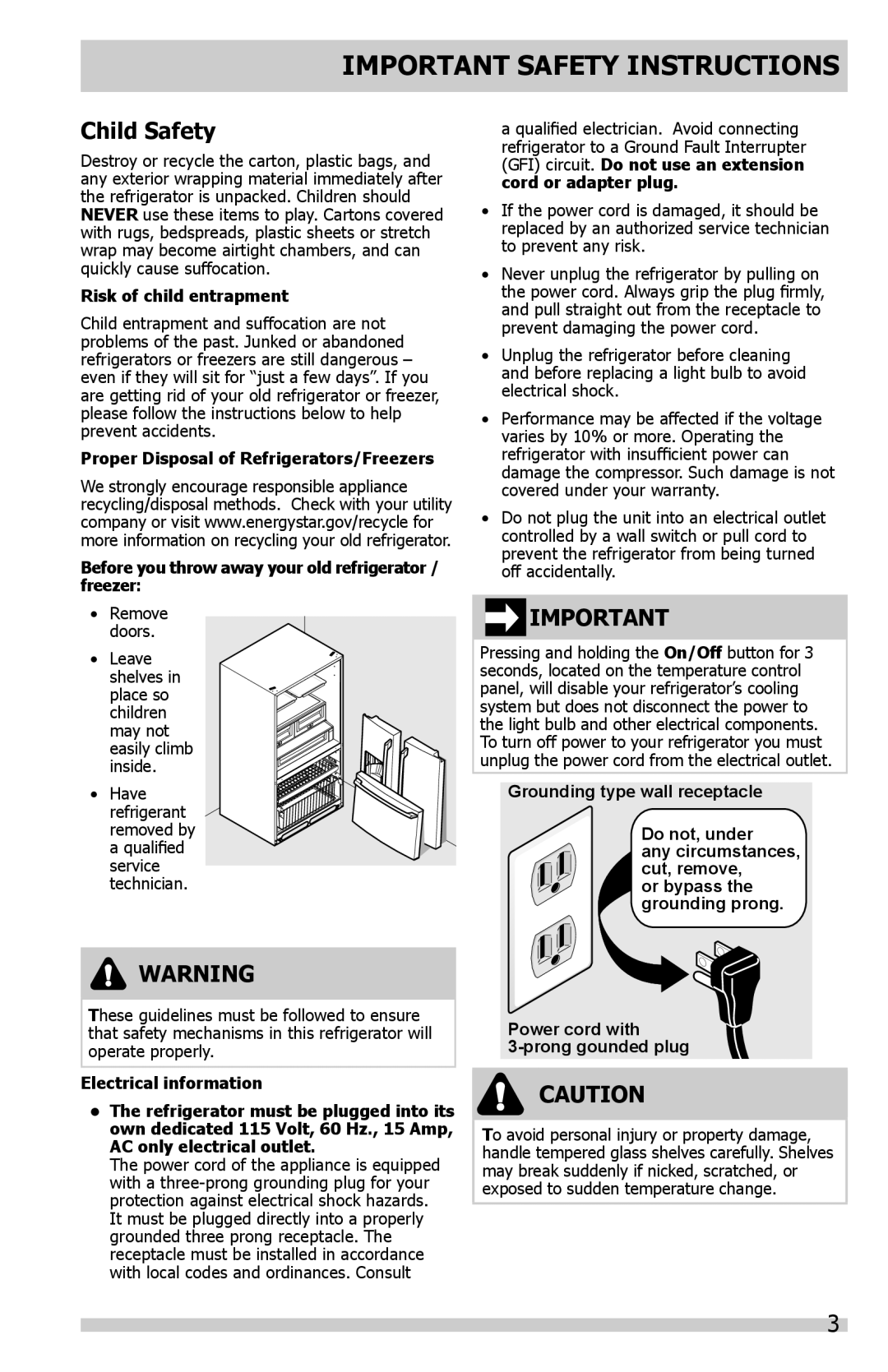 Frigidaire FGHB2844LE Child Safety, Important Safety Instructions, Risk of child entrapment, Electrical information 
