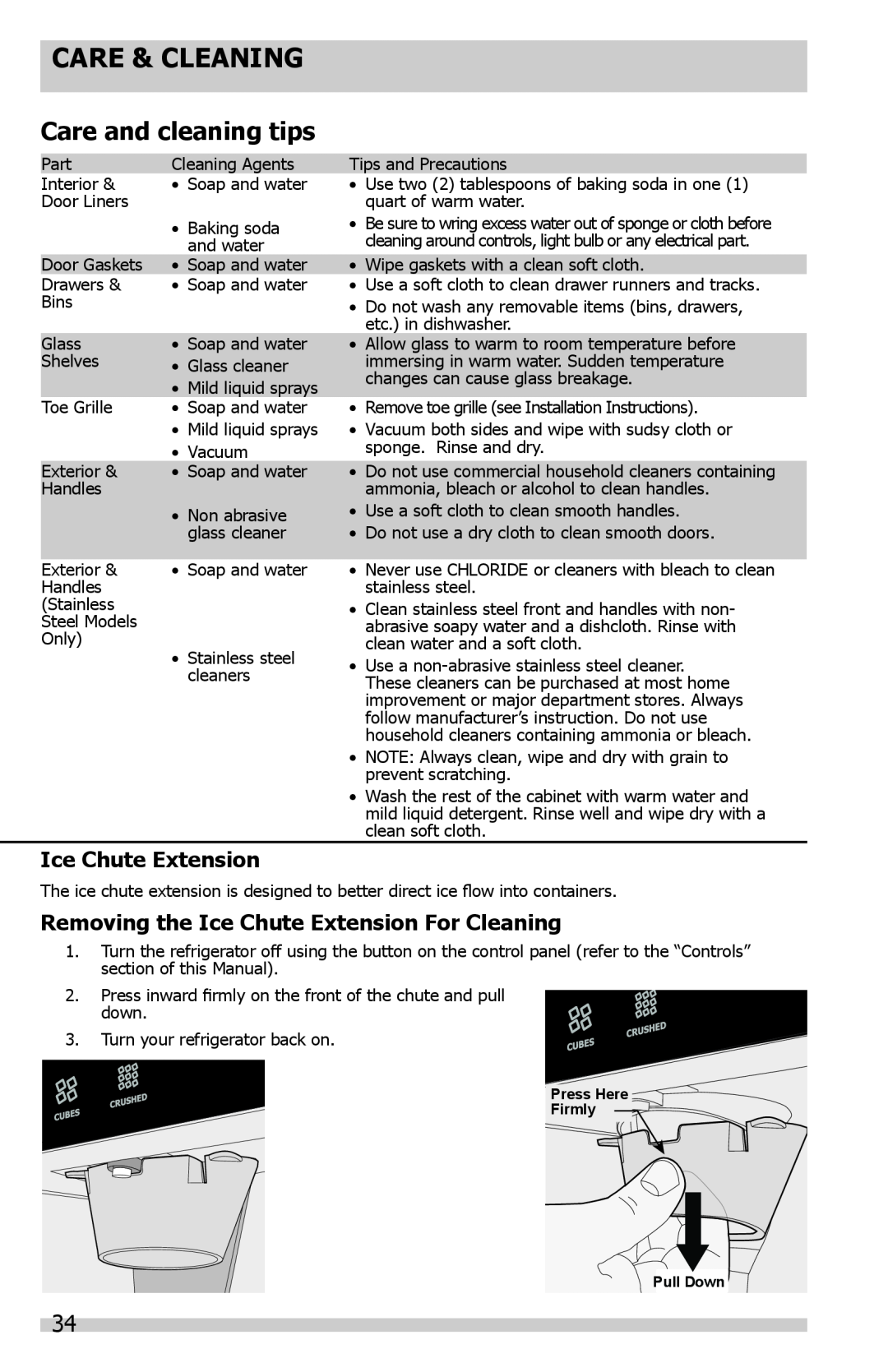 Frigidaire FGHB2844LF Care and cleaning tips, Removing the Ice Chute Extension For Cleaning, Care & Cleaning 
