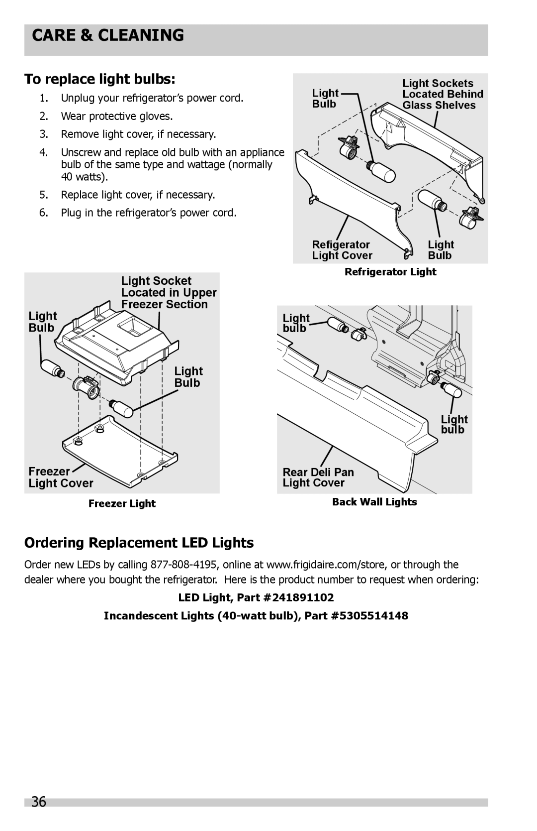 Frigidaire FGUB2642LP To replace light bulbs, Ordering Replacement LED Lights, LED Light Incandescent Lights 40-watt bulb 