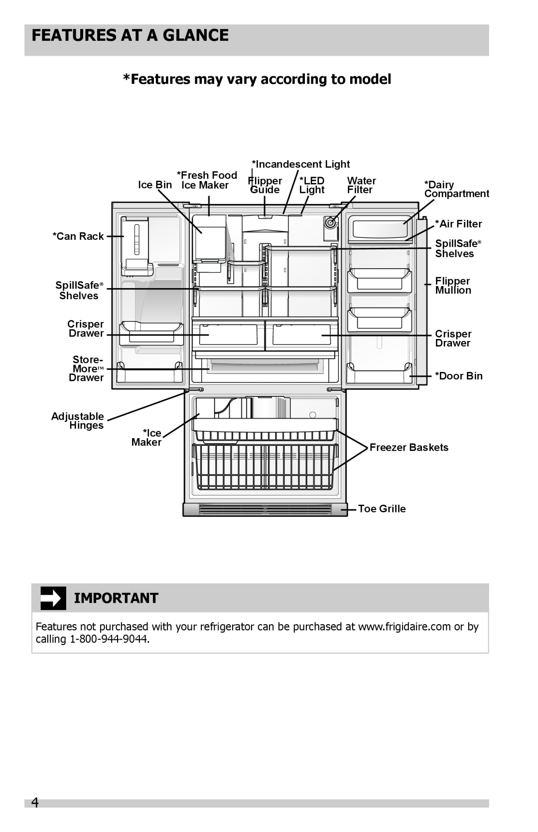 Frigidaire FGHB2844LF, FGHB2844LP, FGHB2869LF, FGHF2344MF Features At A Glance, Features may vary according to model 