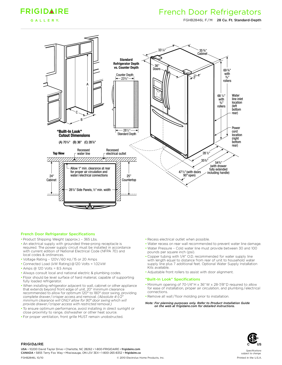 Frigidaire FGHB2846L F/M dimensions French Door Refrigerator Specifications, Built-In Look Specifications 