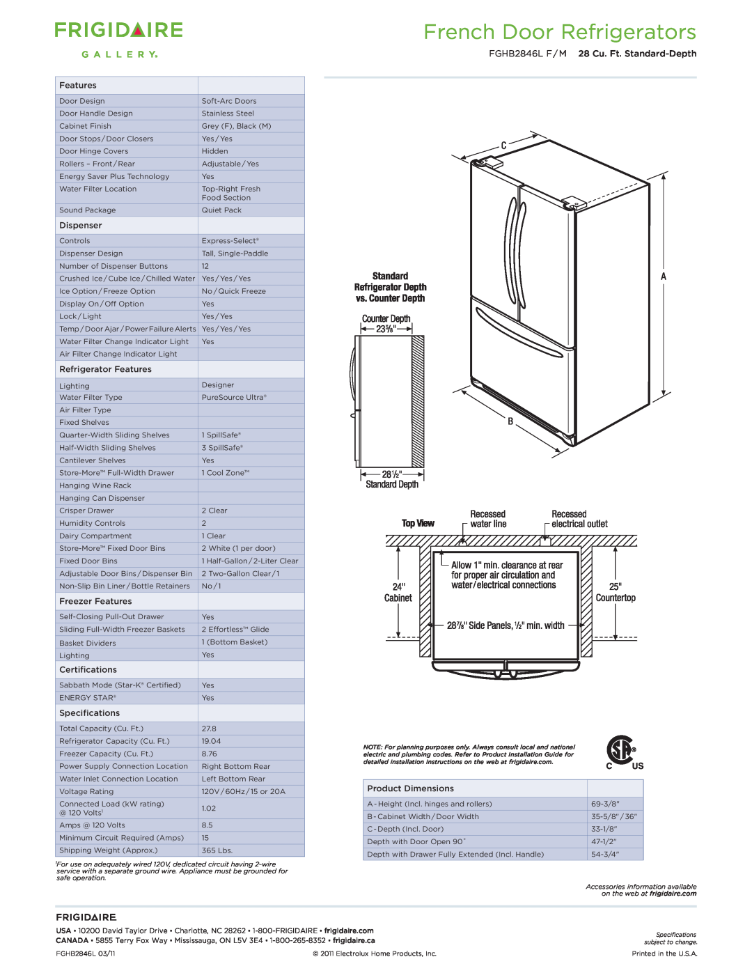 Frigidaire FGHB2846L F/M dimensions French Door Refrigerators, FGHB2846L F / M 28 Cu. Ft. Standard-Depth 