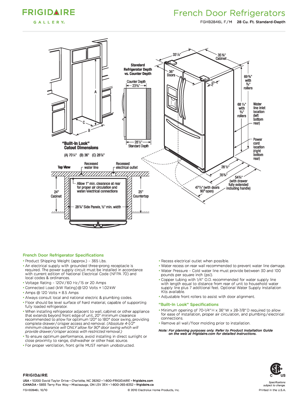 Frigidaire FGHB2846L F/M dimensions French Door Refrigerator Specifications, “Built-In Look” Specifications 